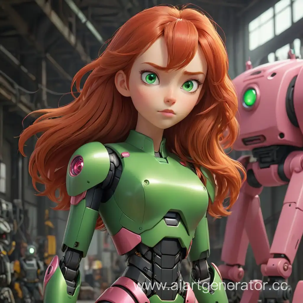 Стоит стройная русоволосая зеленоглазая девушка. Сзади нее стоит большой робот розового цвета. Он ее защищает от плохих роботов. 