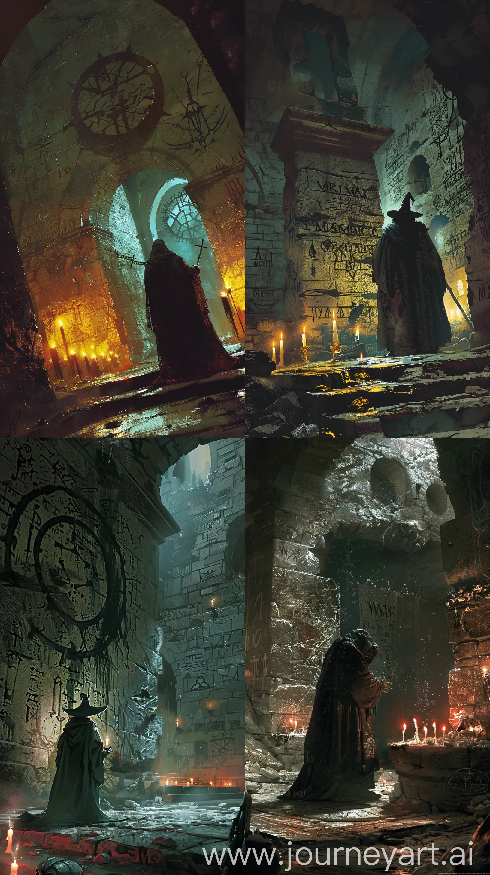 Conjure an image in the style of Mike Mignola, depicting a warlock performing a dark ritual within a forgotten crypt. The scene is illuminated by eerie candlelight that casts long, sinister shadows, while runes and occult symbols are etched into the ancient stone walls., phone wallpaper, 8k uhd Maximalist Details , --ar 9:16