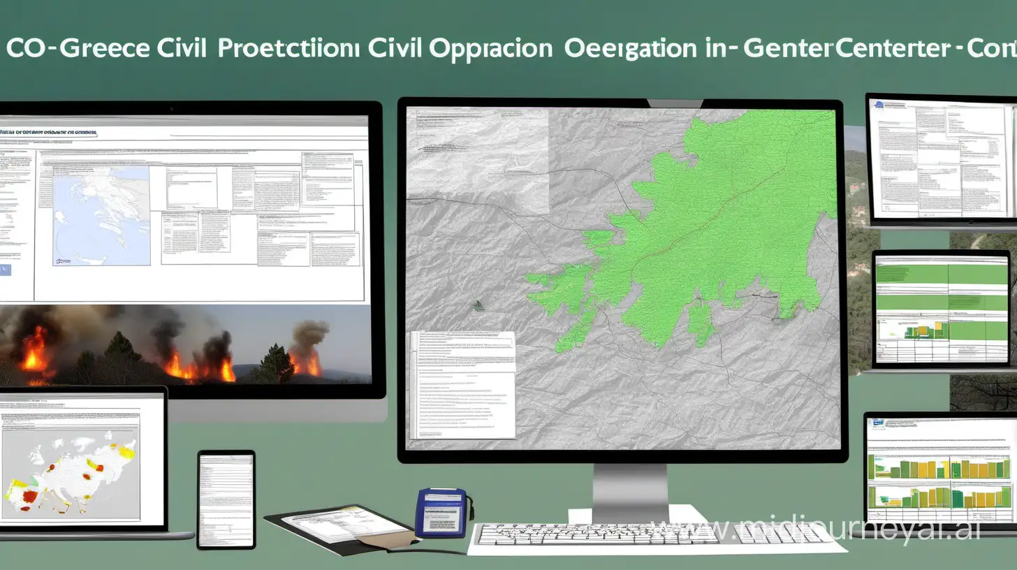 A white page with a drawing of a civil protection operations center in Greece showing with decision-makers operating through multiple (3) PC screens a forest fire management toolbox, an operational service called Co_protect showing applications for fire risk mapping, fire propagation simulation and command and control of deployed resources 