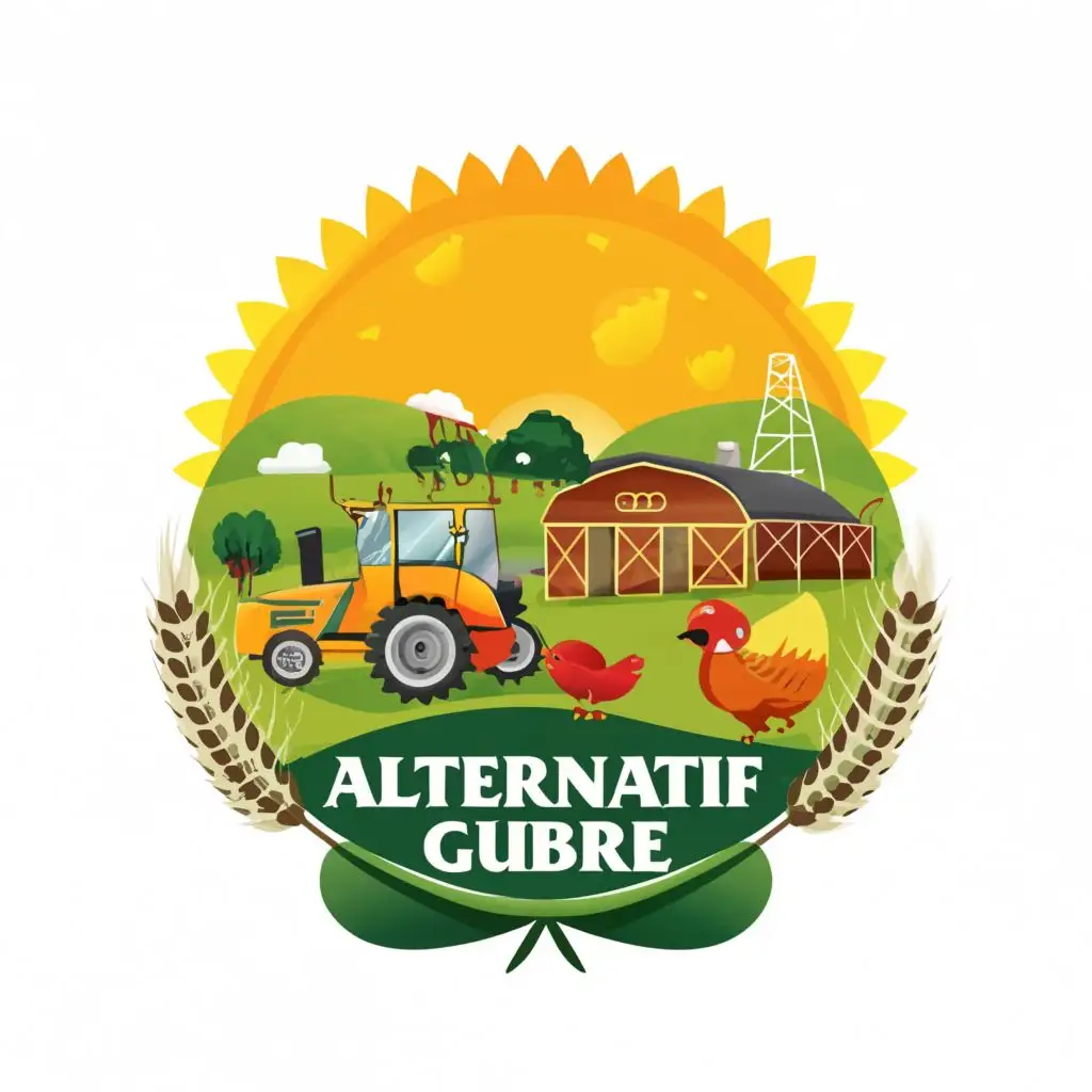 logo, sun, leaf, farm, wheat, cow, chicken, tractor, with the text "Alternatif Gubre", typography