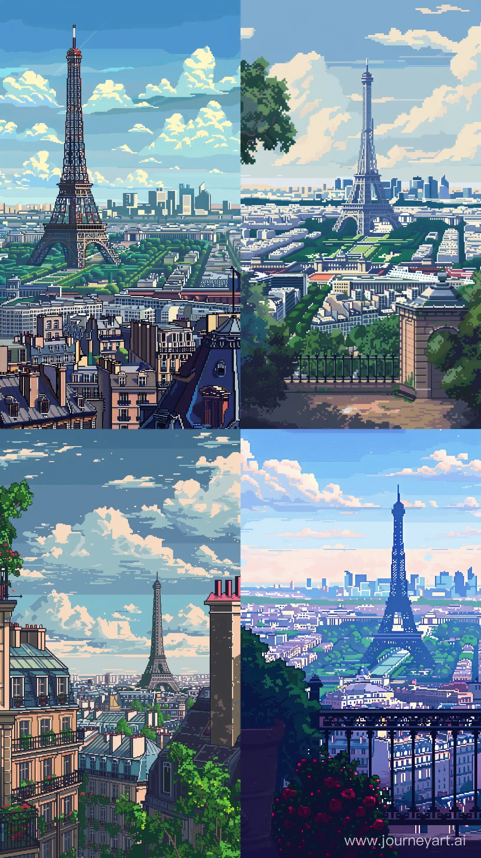 Paris City View Illustration in 8-bit Pixel Art Style, Day Time, Retro Color Details, Extremely Details --ar 9:16