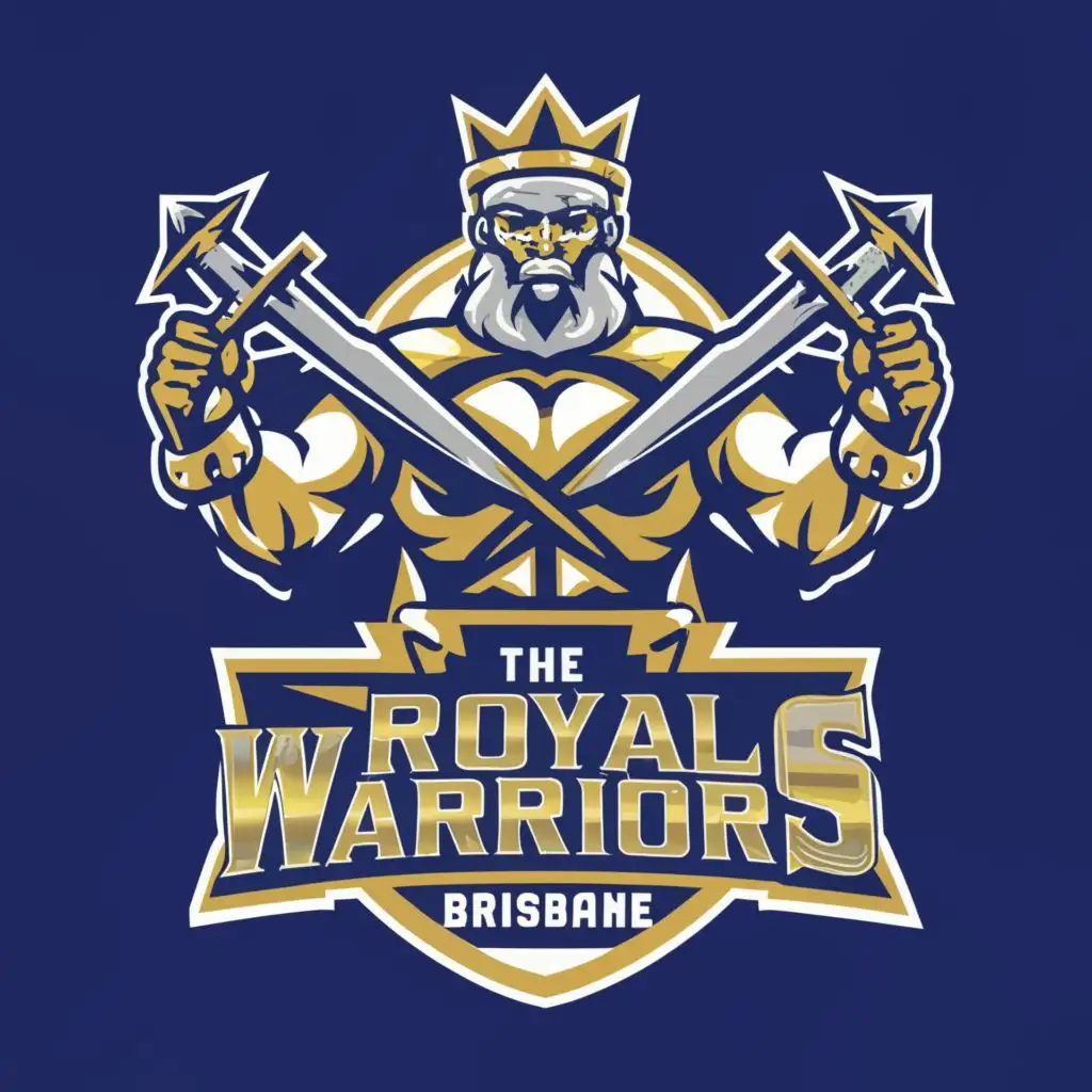 a logo design,with the text "ROYAL WARRIORS BRISBANE", main symbol:The logo depicts a powerful and determined warrior standing proudly, gripping a thick rope with both hands, symbolizing the team's readiness for the tug of war challenge. The warrior embodies strength, courage, and unity, wearing regal armor or attire adorned with royal insignia.

To match the name's meaning, the colors chosen for the logo include:

Royal Blue: Symbolizing nobility, loyalty, and strength. This color dominates the warrior's attire and certain accents in the logo.

Gold: Representing richness, prestige, and victory. Gold highlights are incorporated into the warrior's armor or accessories, adding a touch of regality to the design.

Deep Red: Signifying power, passion, and determination. This color accents the rope held by the warrior, adding intensity and energy to the logo.

The word "ROYAL" is prominently displayed above the warrior in elegant and bold gold lettering, while "Warriors Brisbane" is placed below in royal blue, maintaining a cohesive and visually appealing design. The font style chosen is dignified and strong, reflecting the team's character and spirit.

add cross symbolizing christianity

Overall, the logo captures the essence of your tug of war team, portraying strength, unity, and the aspiration for victory, while incorporating colors that resonate with the name's meaning.,Moderate,clear background
