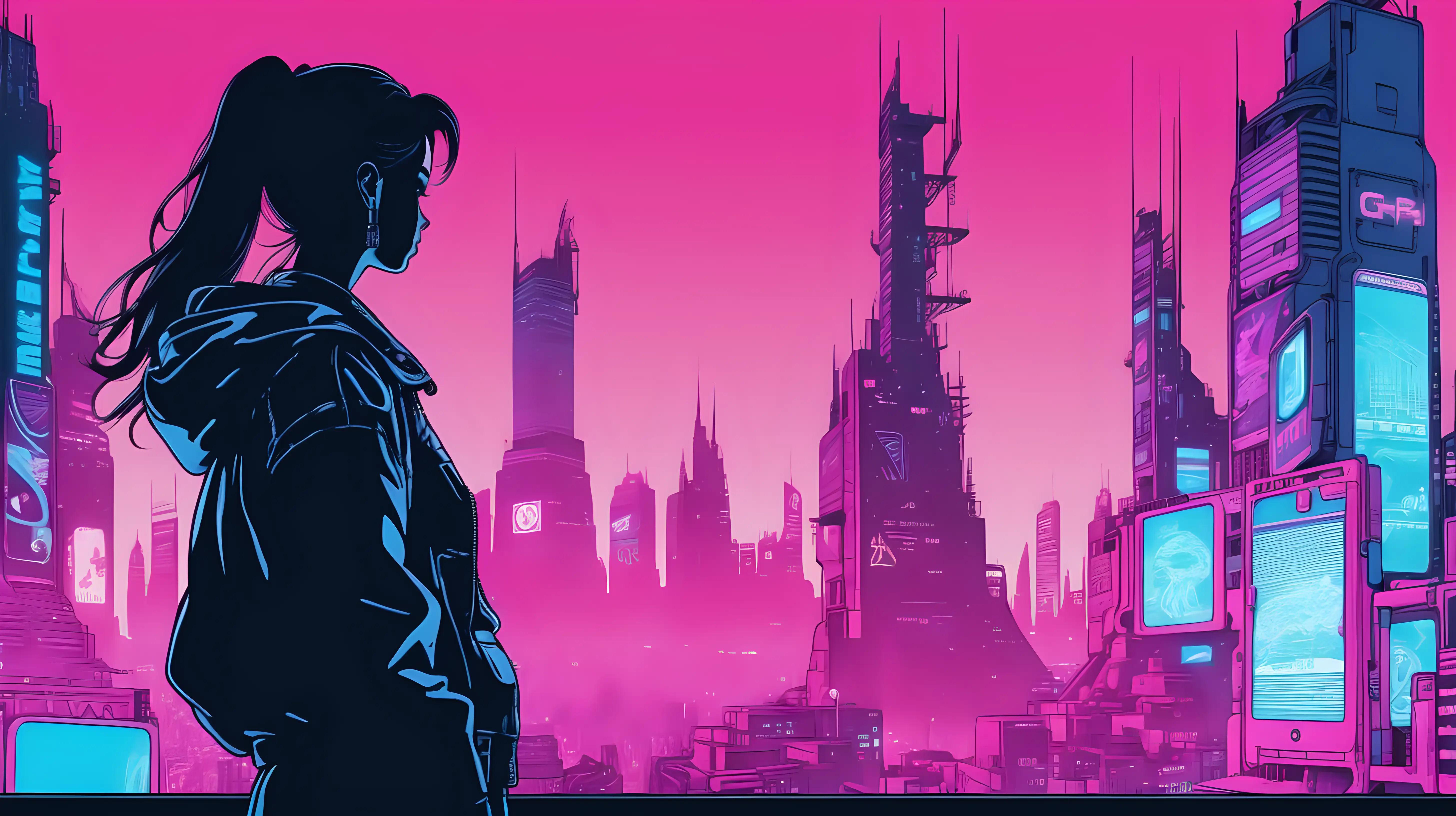a silhouette of a woman viewing cyberpunk city.  Comic book style illustration. Pink and blue colors