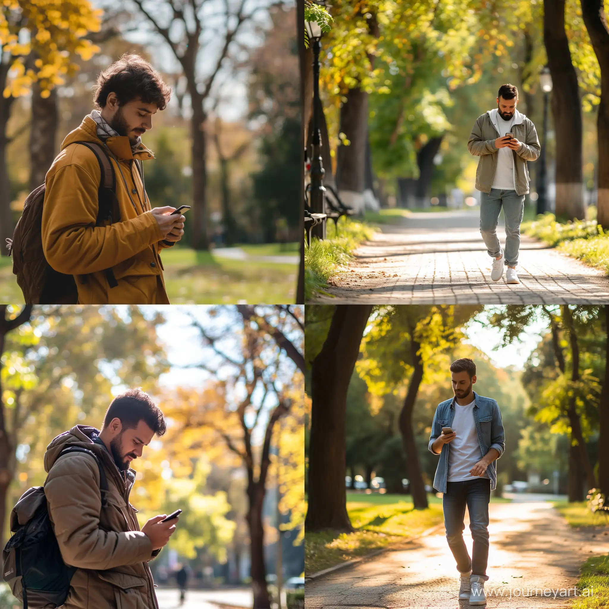 a man using mobile in the park during walking