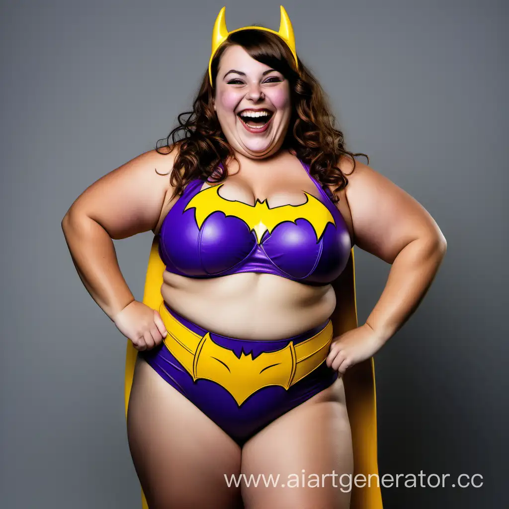A laughing plus sized pear shaped Caucasian brunette wearing a purple and yellow batgirl bikini with a grey background