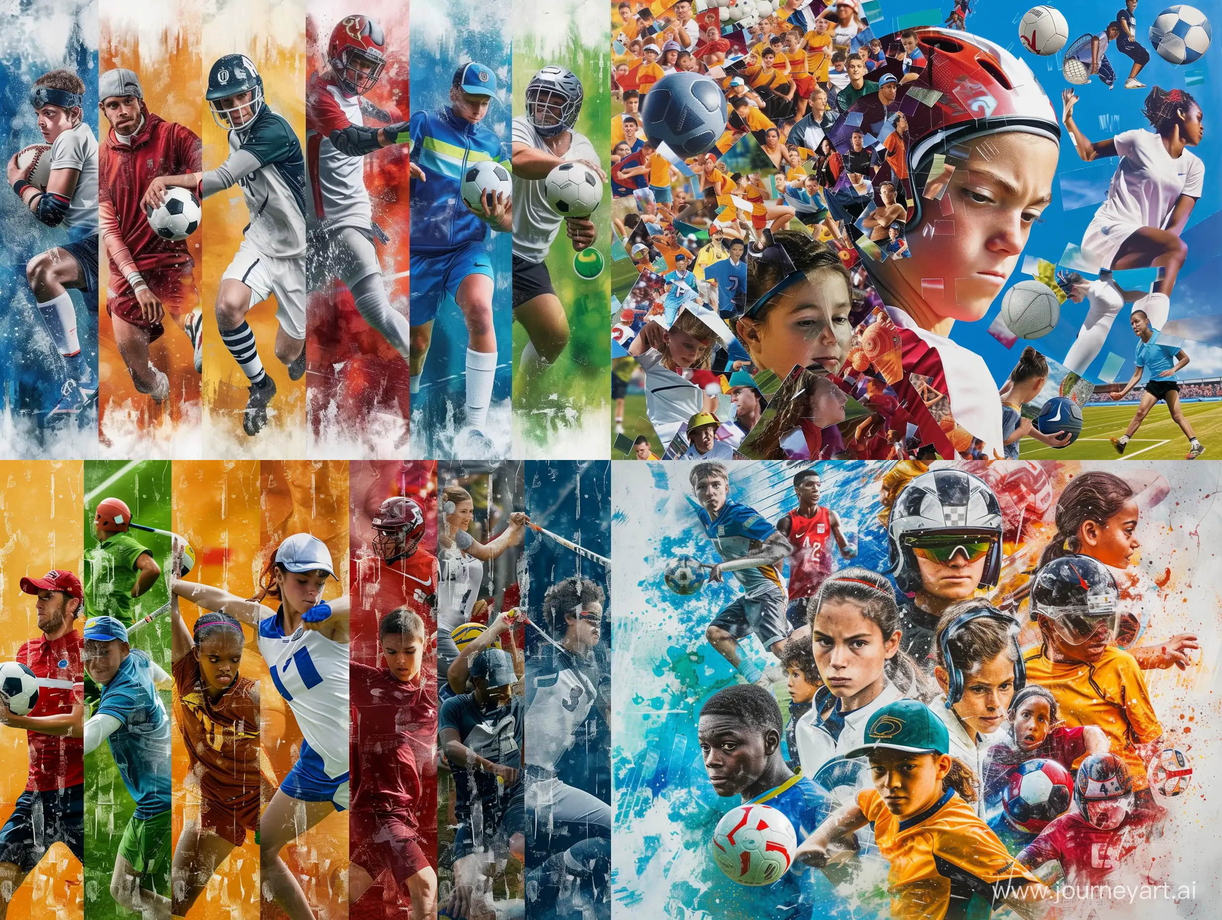Haz un collage en un poster vertical de varios deportes. Que sea para niños. No pongas a personas.