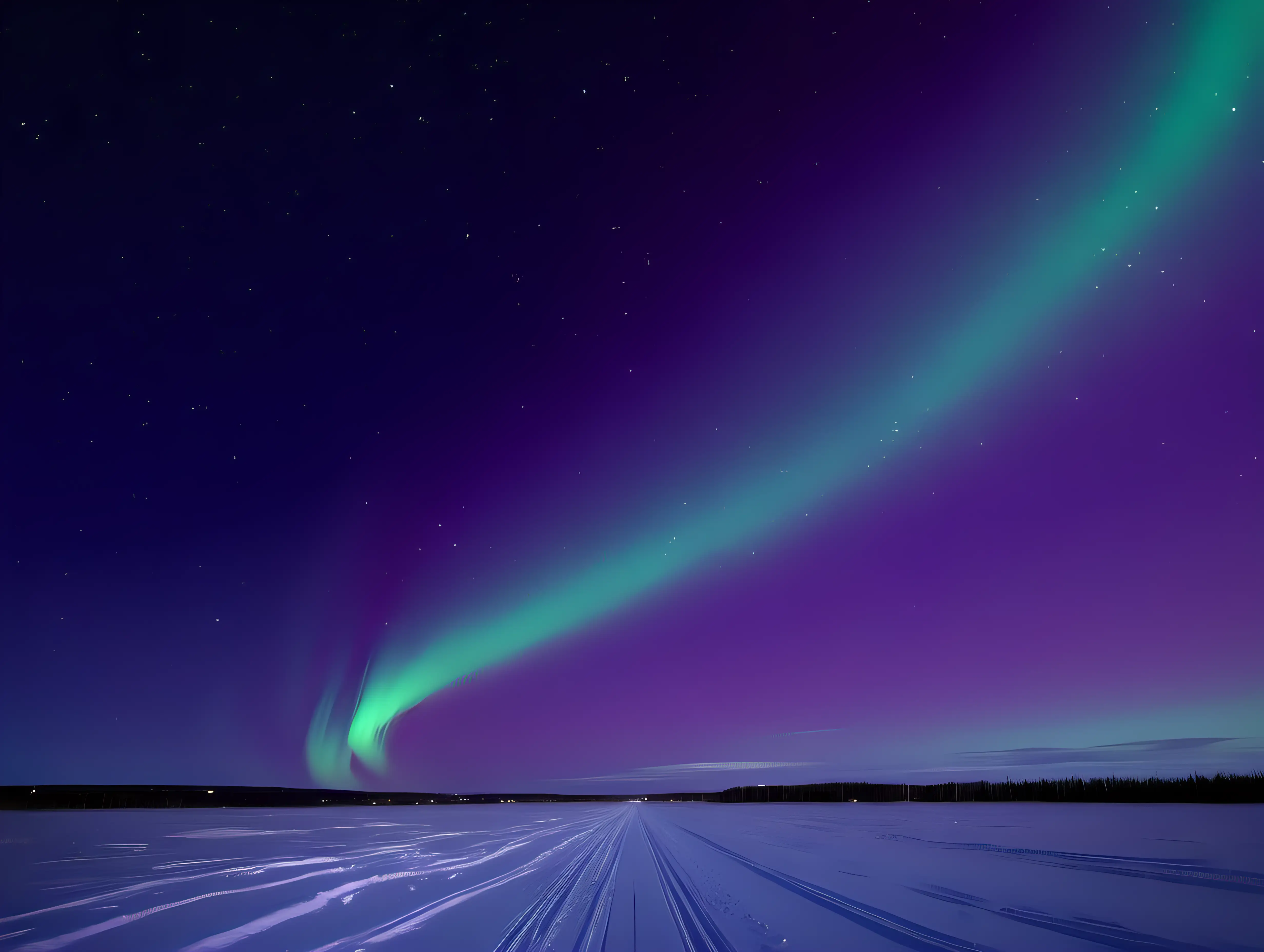 Vibrant Northern Lights Over Horizon Serene Skies in Purple and Green