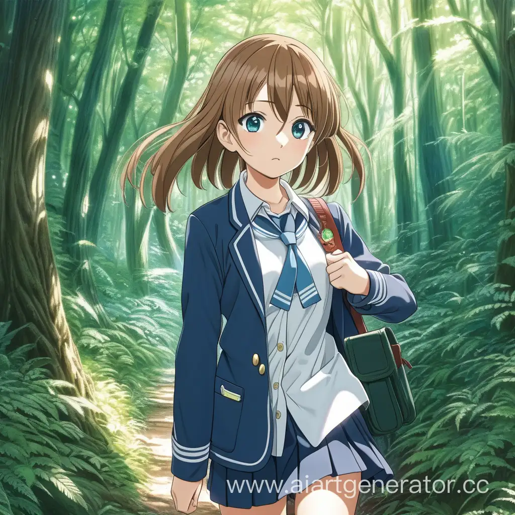 Красивая аниме девушка в школьной униформе гуляет в дремучем лесу