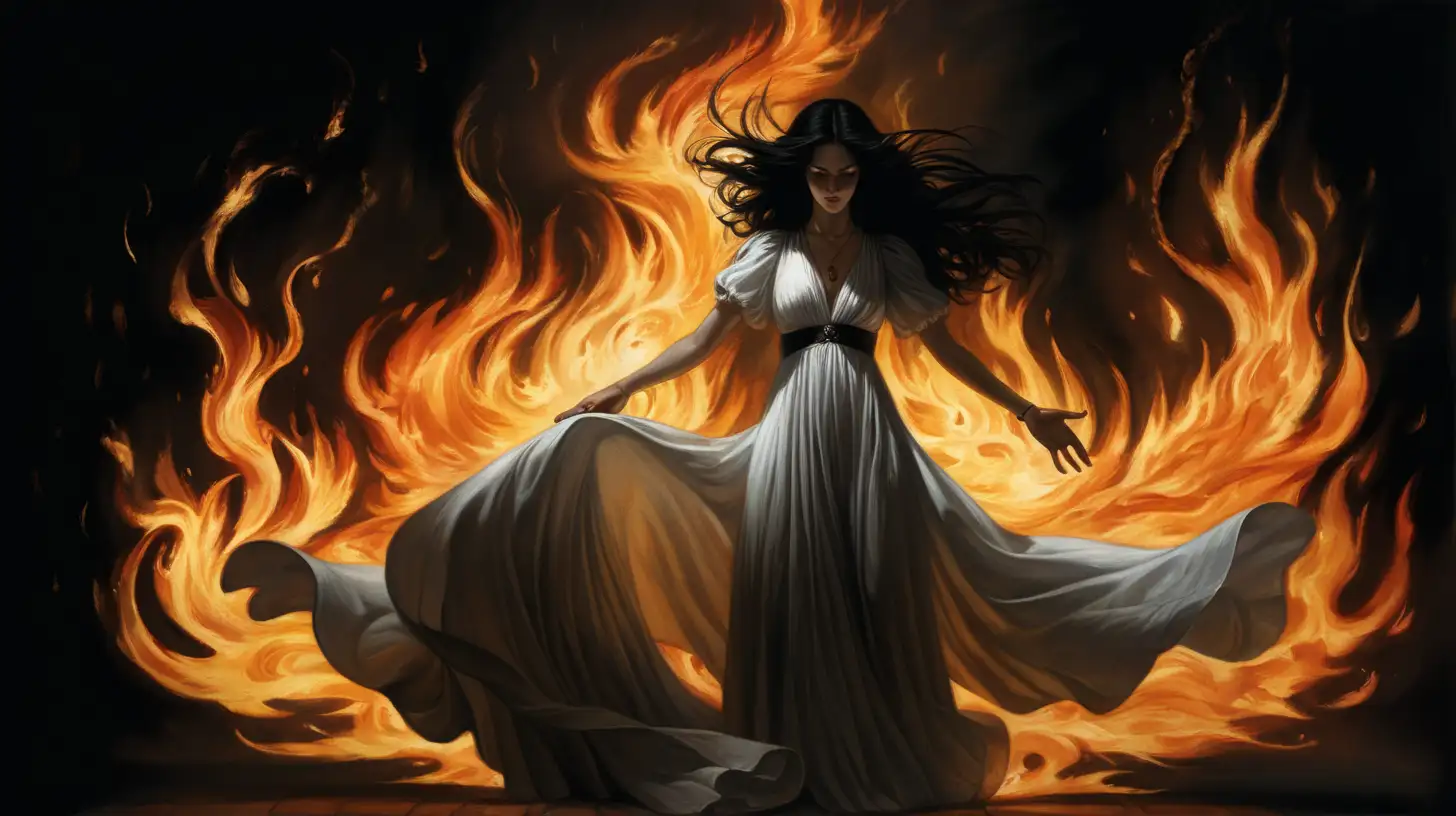 a woman in a billowing white dress with flowing black hair stands in darkness. her hands are spread out in front of her and flames are erupting from her hands and there is the shadow of a cat among the flames