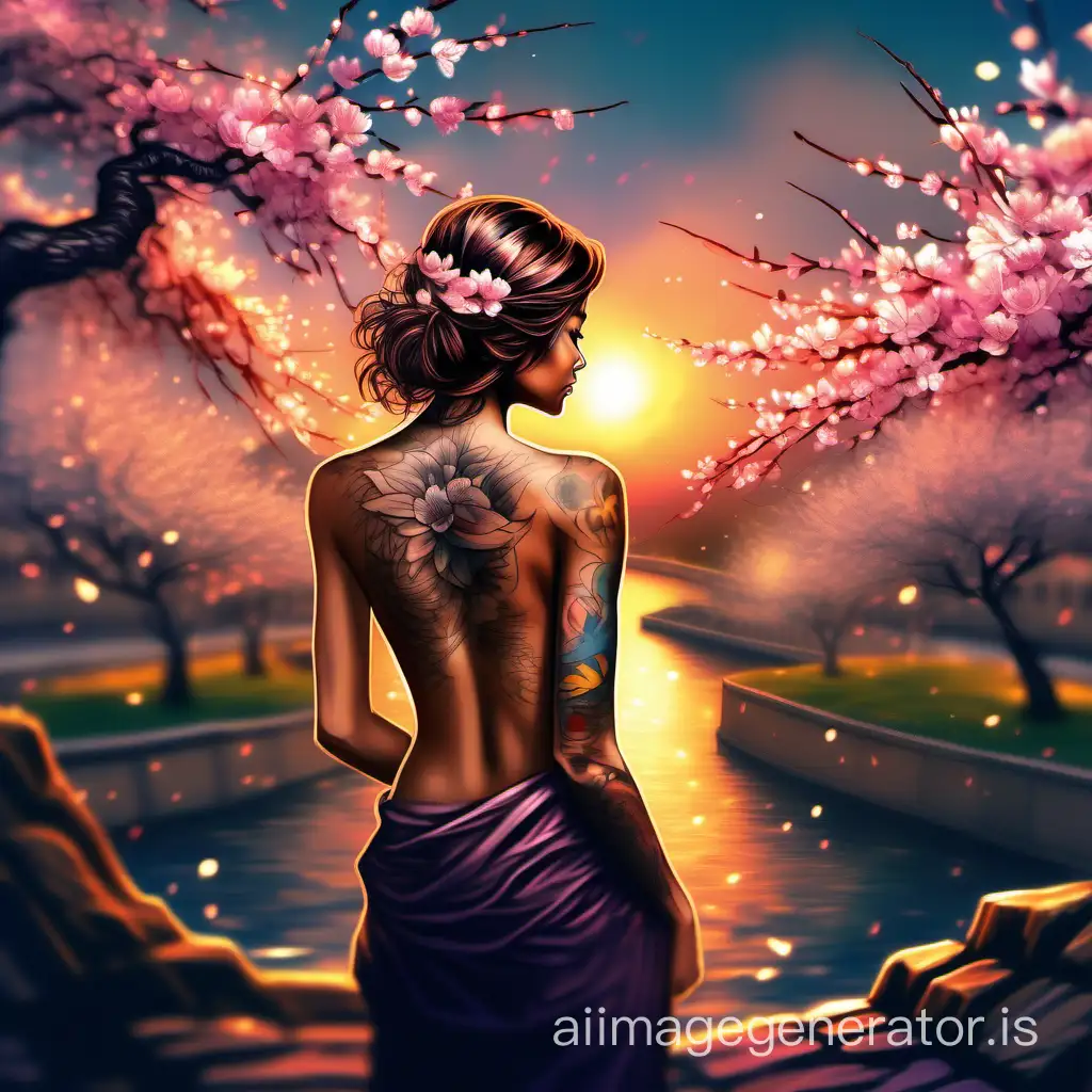a woman with a tattoo on her back,  cherry blossoms in the wind, intricate digital painting, watching the sunset, with colored flowers, beautiful brush stroke rendering, bokeh, depth of field, art masterpiece, 32K