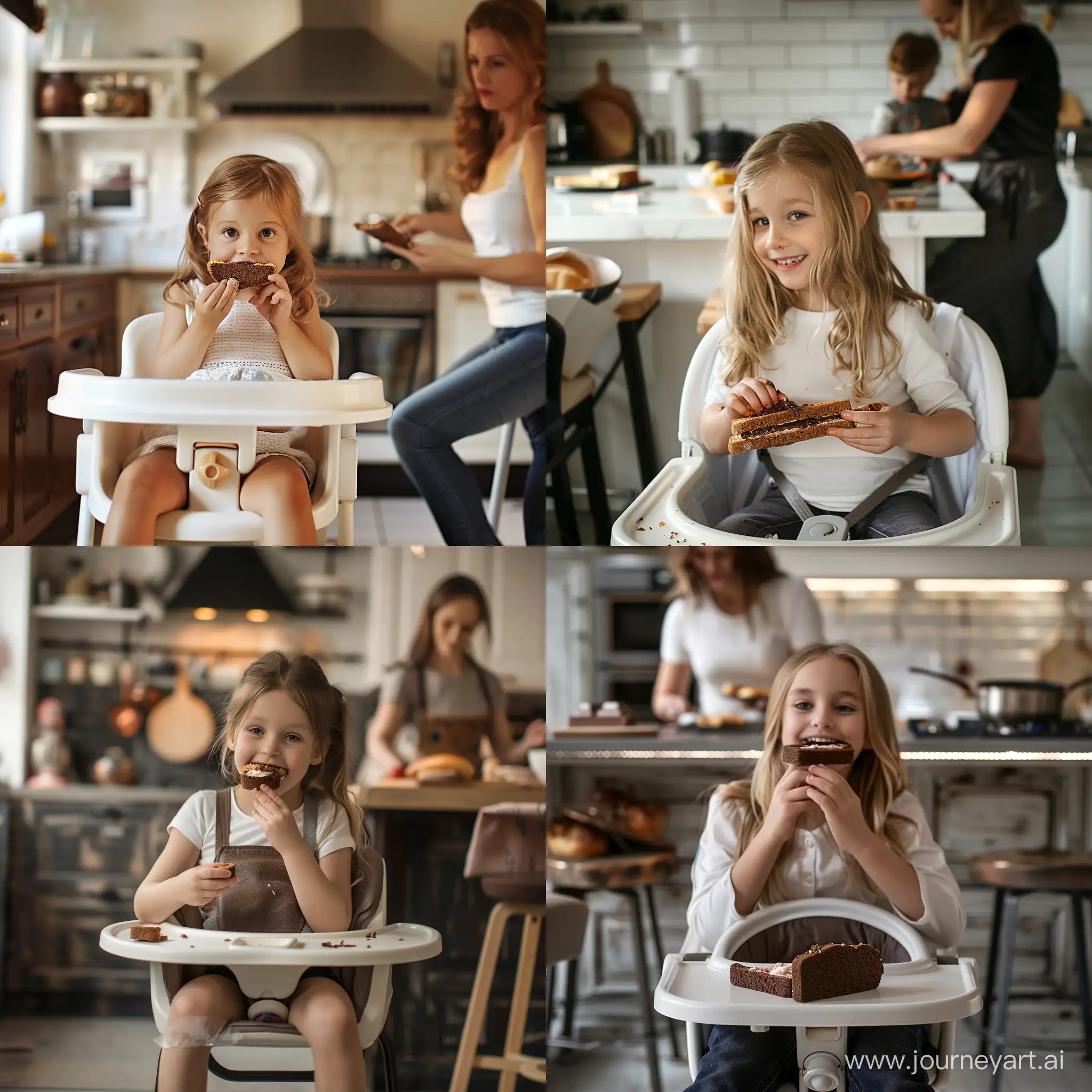 young girl sitting on highchair in kitchen, eating chocolate sandwich, mother is cooking on the other side