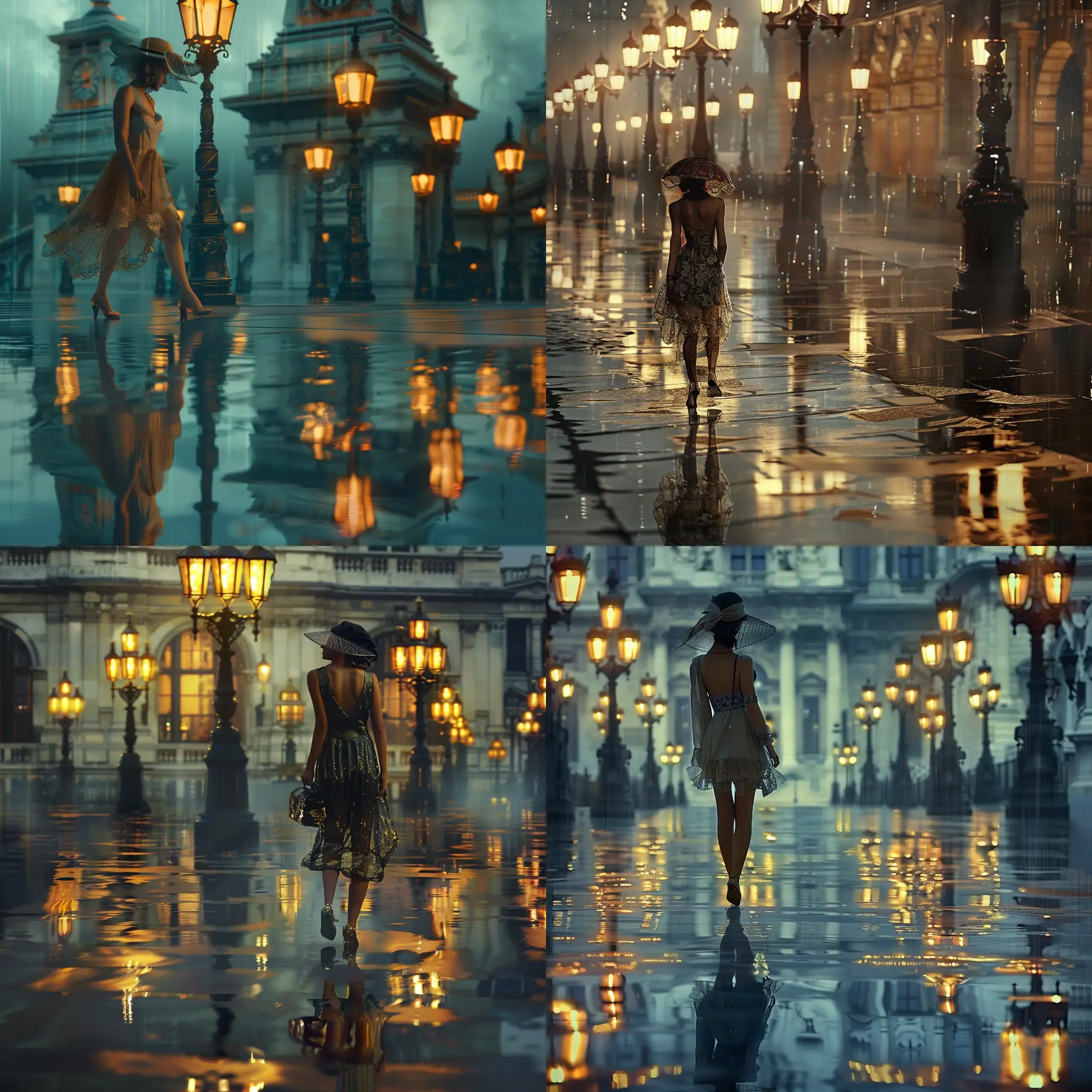 A highly detailed image of a 1920s flapper woman walking through London in the rain. The street lamps are reflecting in the pavement. Beautiful magical mysterious fantasy surreal highly detailed re