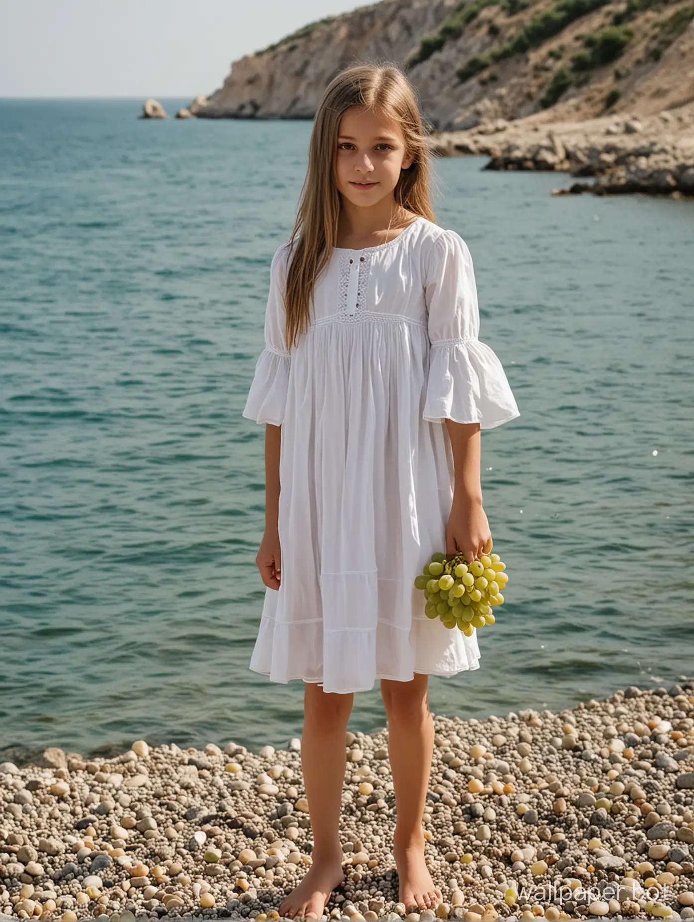 Крым, возле моря, девочка 10 лет в коротком белом платье с гроздью винограда в руках