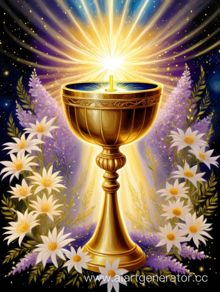 /imagine prompt: An evocative ebook cover showcasing a golden chalice overflowing with celestial elixir, surrounded by delicate blossoms and illuminated by radiant beams of light, adorned with verses from the Word of God related to holistic living and joyful living, Painting, acrylic on canvas, --ar 16:9 --v 5
