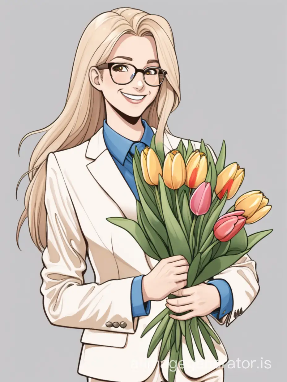 mascot, an adult woman in a strict light-colored suit smiles and holds a bouquet of tulips, white background