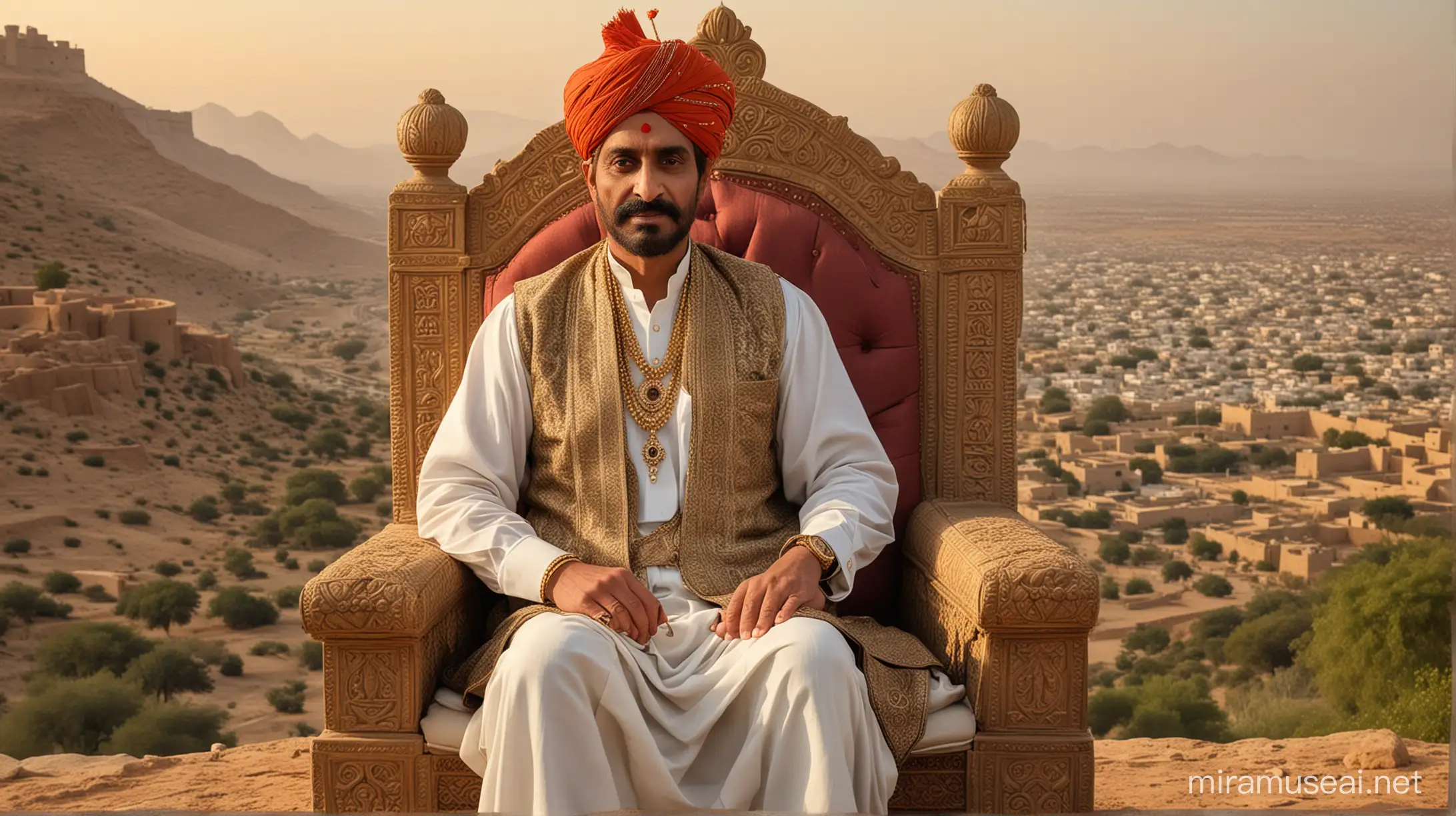 Create an image capturing the essence of Raja Dahir, the last Hindu ruler of Sindh, known for his valor and resilience in defending his kingdom against the Arab invasion. Depict him in regal attire, seated on his throne, with a backdrop of the Sindhi landscape or an ancient fort, exuding strength and dignity. Ensure the image reflects his historical significance and the cultural richness of the region during his reign