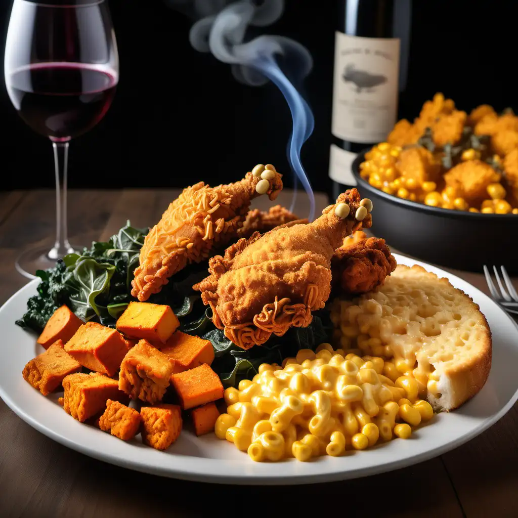 Images of delicious soul food dinner. The food is crispy fried chicken, collared greens, macaroni and cheese, corn bread and sweet potatoes. With a glass of wine.  With smoke coming from the food.
 