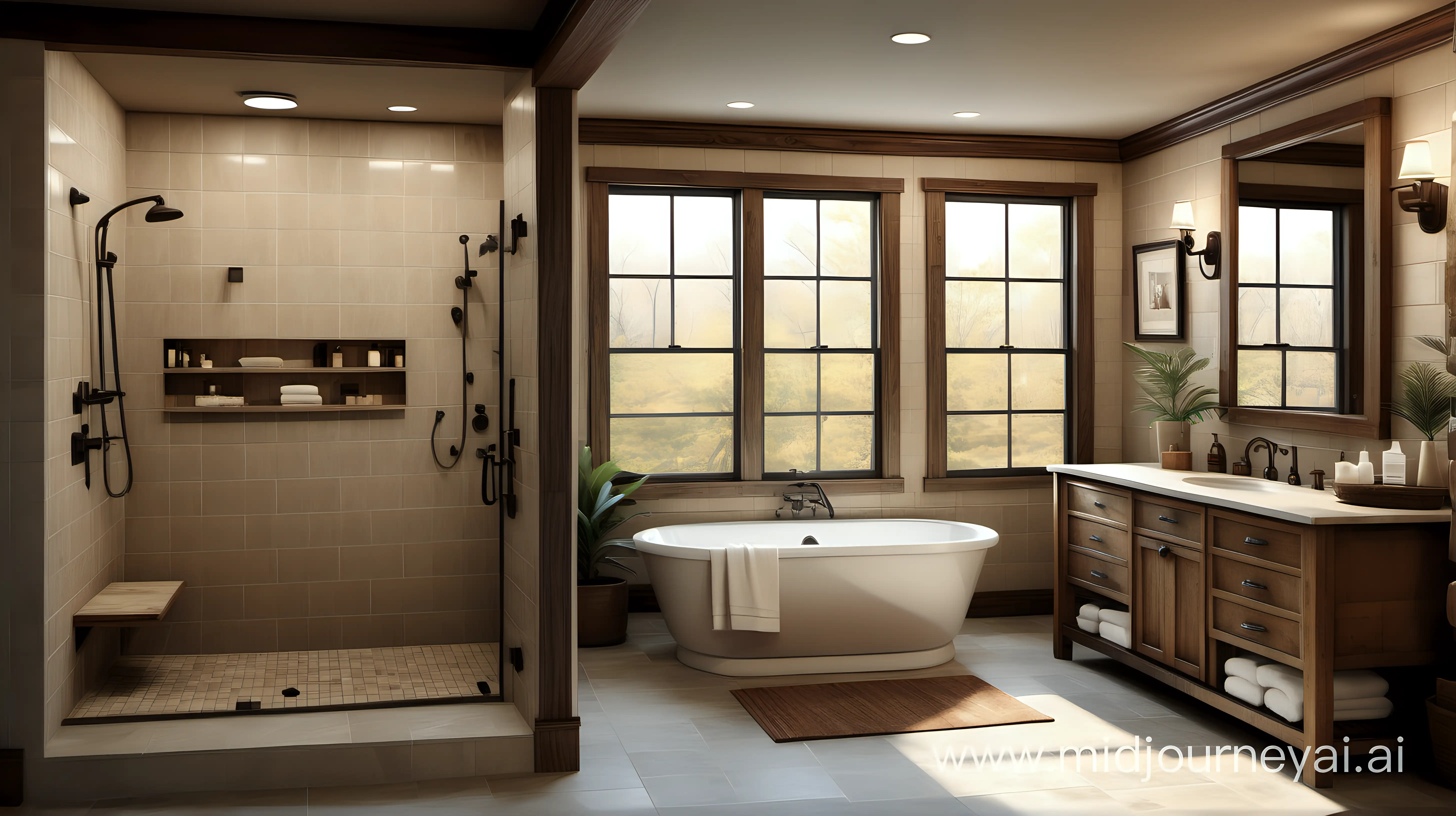 photorealistic, large bathroom, rustic cabin style home, walk-in shower with beige subway tile centered in composition, tub on the right side of composition, vanity and mirror on the left side of composition, natural window lighting