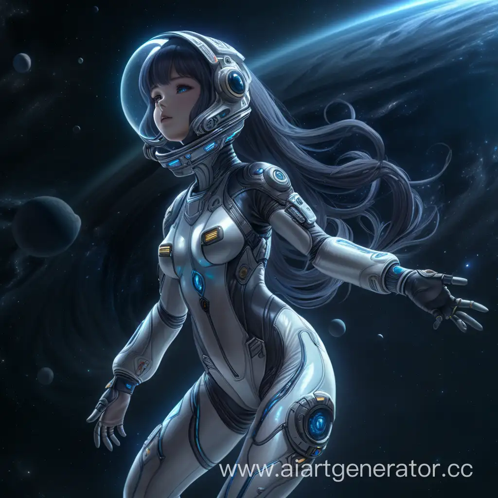 Skintight spacesuit, anime girl, dark fathoms, outer space, floating, immense bust, detailed shading, sci-fi lighting, digital artwork, popular artist collaboration, studio quality, 4k resolution