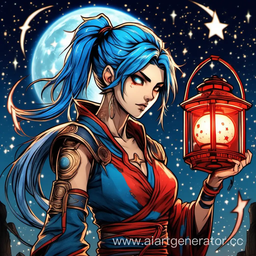 Draw a Star archer with cast blue hair Gathered in a ponytail in one hand A Star bow in the other an ancient lantern so that she looks furiously into the distance against the background of the Blood Moon
