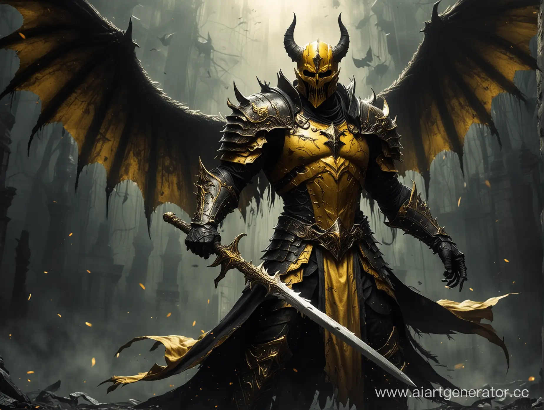 желтый рыцарь держит золотой  меч в руках ,крылья демона чëрно-жёлтые, в стиле хоррор