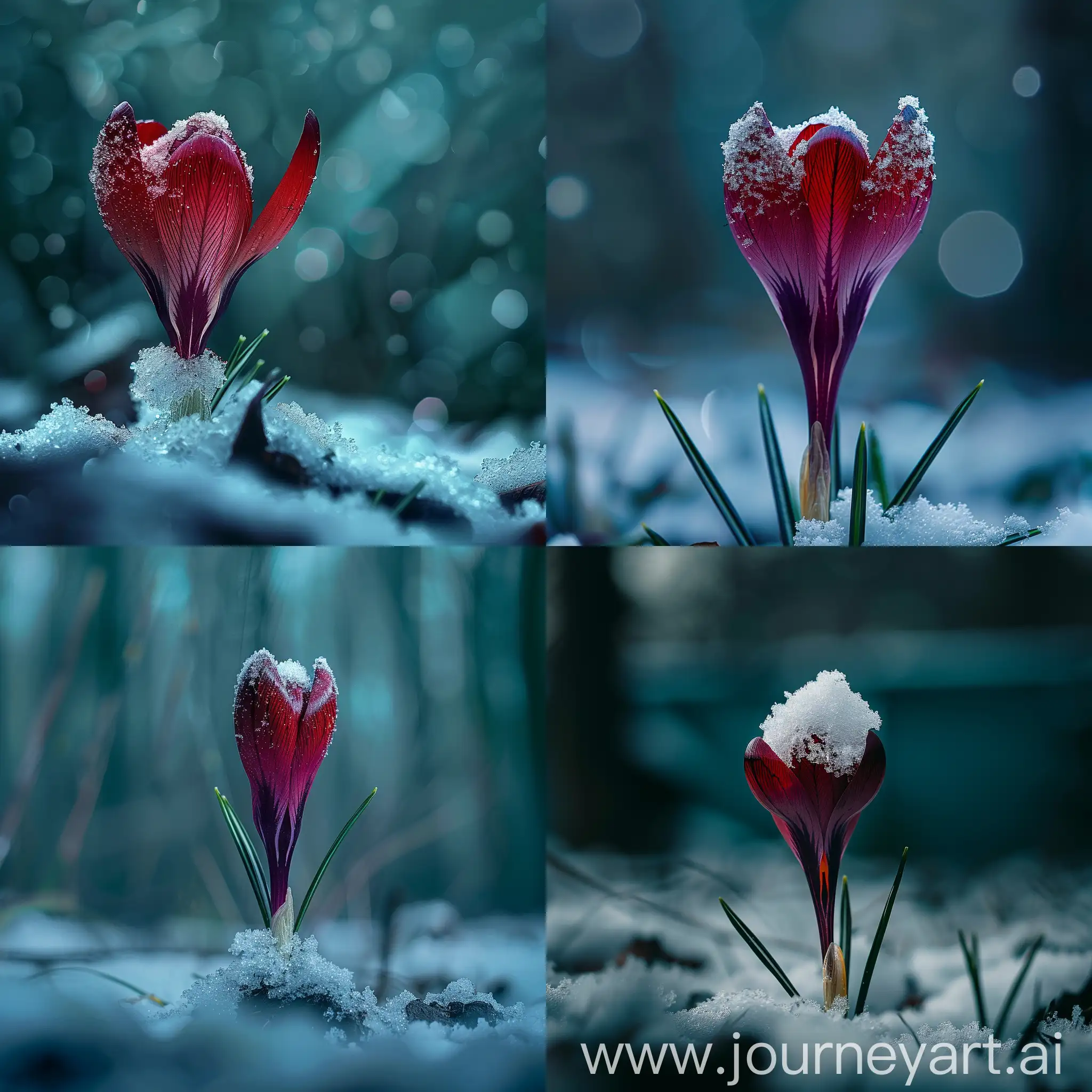 Burgundy-Crocus-Covered-in-Snow-Enchanting-Macro-Shot-in-a-Mystical-Forest