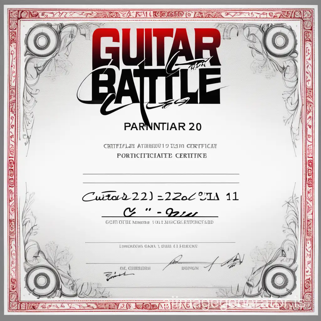 Image with the text "Guitar Battle 22.02 Participant Certificate", in black-and-white-red-gray tones with shades, handwritten font, with a background of a guitar, a pattern of picks, a vertical rectangle of size A4