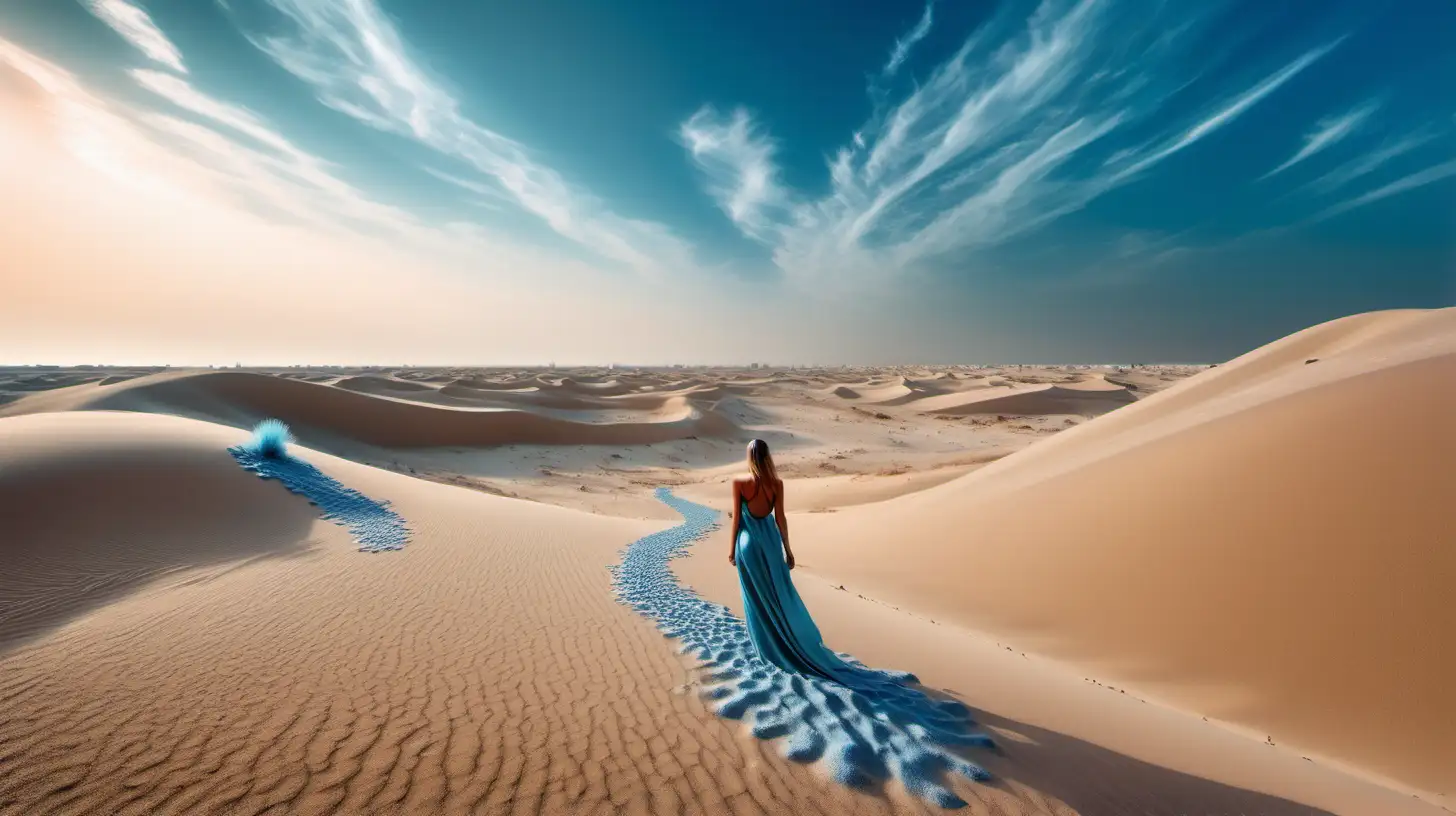 Psychedelic vast landscape, crystalline bluish mineral clouds, with nude woman center, Dubai dunes, large wavy desert dunes, massive crystalline mushrooms on both sides, and water on the ground, photographic, real