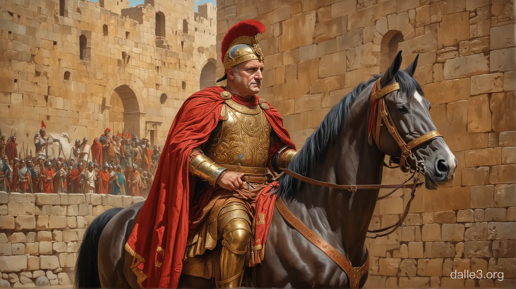 Emperor Vespasian in rich ancient Roman clothes on a horse with ancient Roman soldiers, background: walls of Ancient Jerusalem, in the style of paintings by Diego Velázquez 