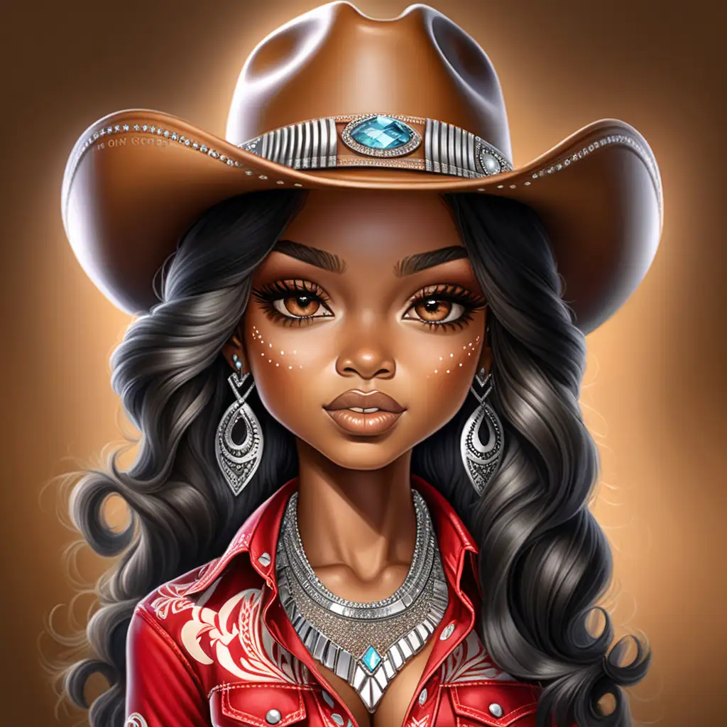 Envision a hyper-realistic chibi-style, air brushed illustration, portrayal featuring a strikingly beautiful caramel- skinned, African American woman, This detailed depiction showcases her portrait, half length, direct gaze, with impeccable makeup, long lashes, closed mouth, beautiful lips, and eye-catching black loose wavy hair, adorned with rhinestone bling jewelry, wearing a black cowboy hat, Dressed in a red button up western shirt, Meticulous attention to intricate details, Transparent background