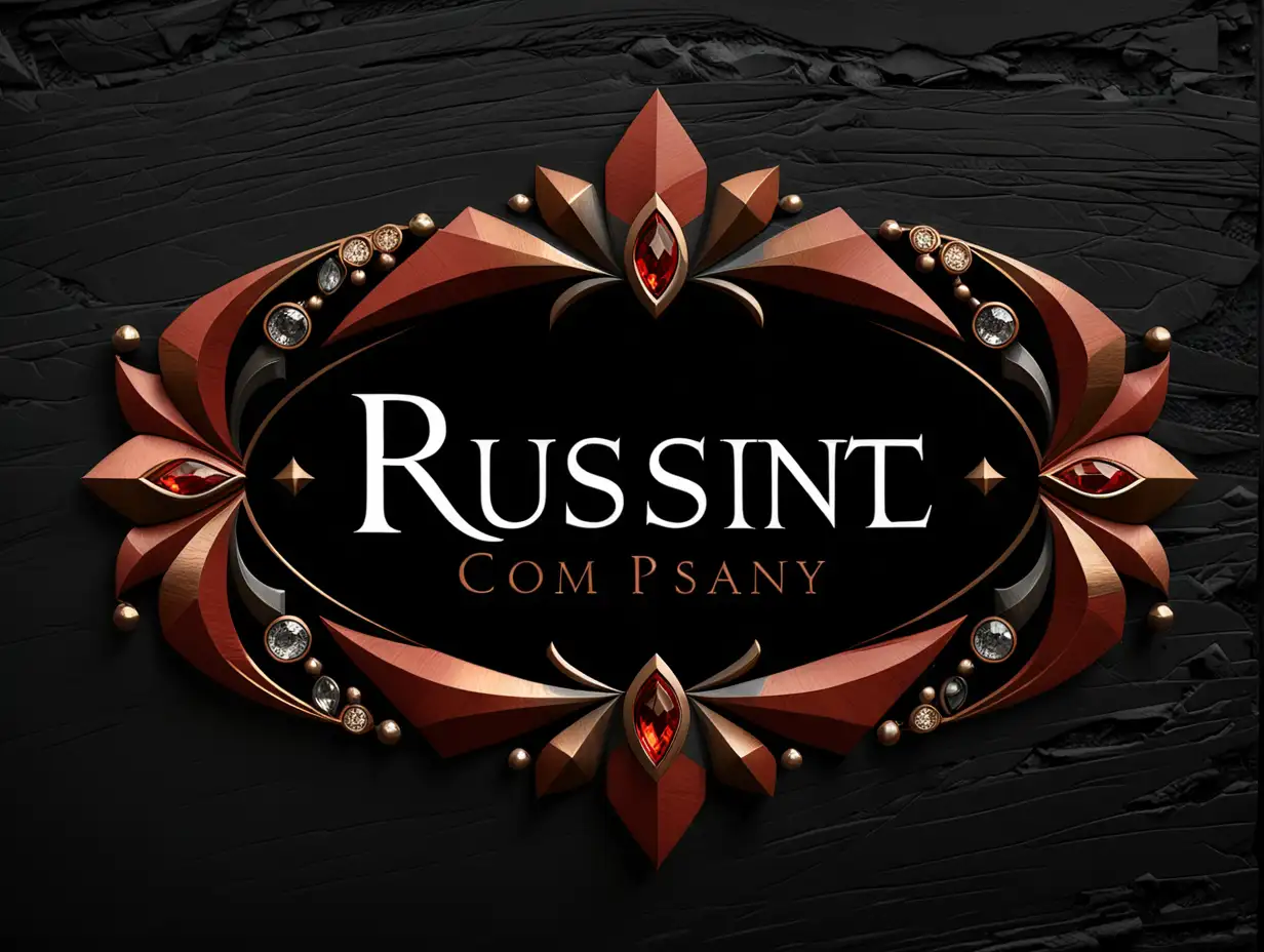 a company logo.  Russet red, Bronze, and charcoal grey, with  jewel accents.  Black background