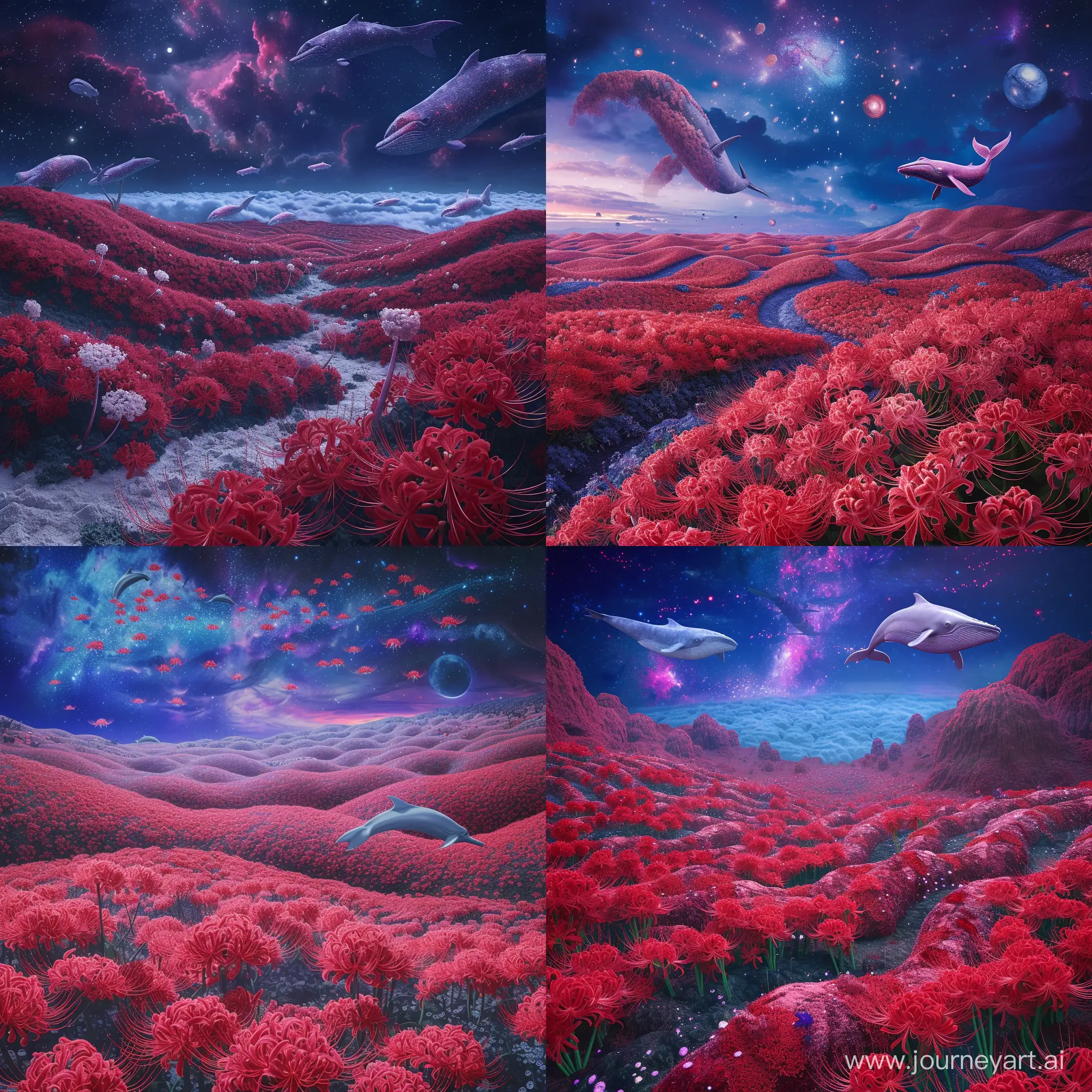 Envision a surreal, masterpiece of a scene featuring a sprawling garden blanketed in an array of vibrant, yet somber red and pink Lycoris radiata and red spider lilies. The undulating ground evokes disorientation, creating a sense of being lost in a vast, limitless world. A cold, isolation vibe resonates as the garden is drenched in a deep, bloody red theme, exuding a profound sadness that captures the feeling of sickness and dying inside of nature. The sky above is a deep midnight blue, adorned with cosmic elements that create an otherworldly beauty. Magnificent, enormous celestial bodies shimmer in captivating shades of beautiful purples and indigos, imparting a high cosmical element that adds to the surrealism of the scene, in the sky majestic floating enormous whales are crossing the sky, adding a touch of whimsy and surrealism to the already mesmerizing masterpiece --q 4