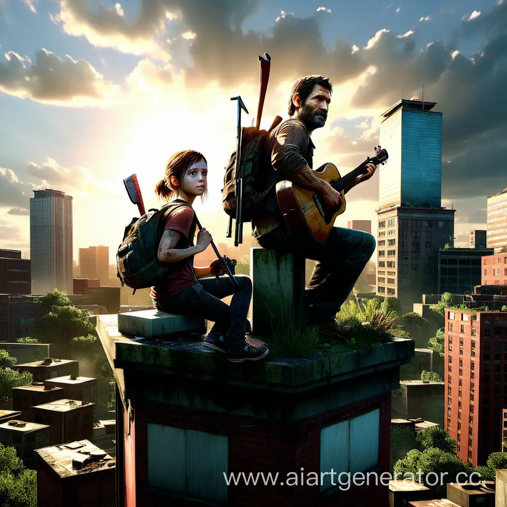 ellie and joel from the last of us are on the top of a tall building sitting on toilets