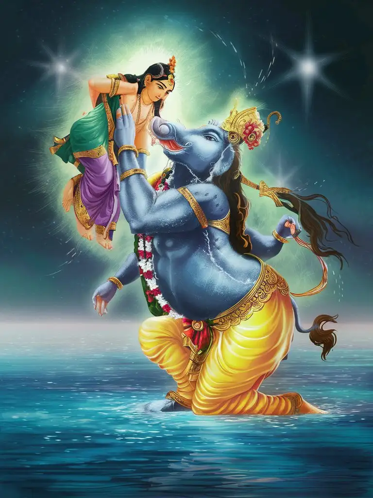 Visualize the majestic Varaha Avatar of Lord Vishnu lifting the Earth Goddess, Bhudevi, from the depths of the cosmic ocean. The scene radiates divine power and serenity.