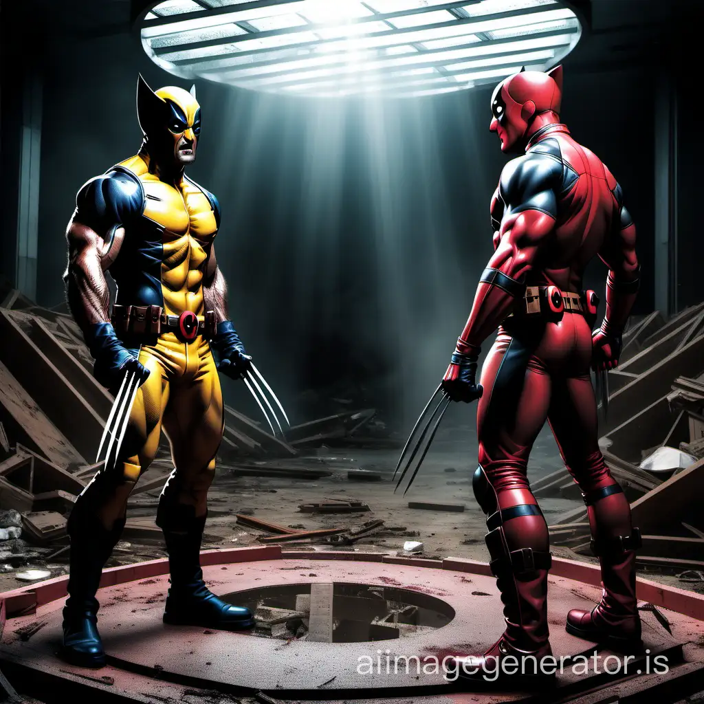 Theme: In this image created by artificial intelligence, the central theme revolves around dynamics. The main objects in the image are Wolverine and Deadpool. The action takes place in the ring, creating a natural and serene background for Wolverine and Deadpool. Setting: The setting is the space where emotions unfold. Background: The background is subtle, emphasizing the emotional connection between the characters rather than external elements. Background: In the background, the floor on which Wolverine and Deadpool stand is depicted, highlighting the tense atmosphere in the enclosed space. Style/Coloring: The image is done in cool tones.