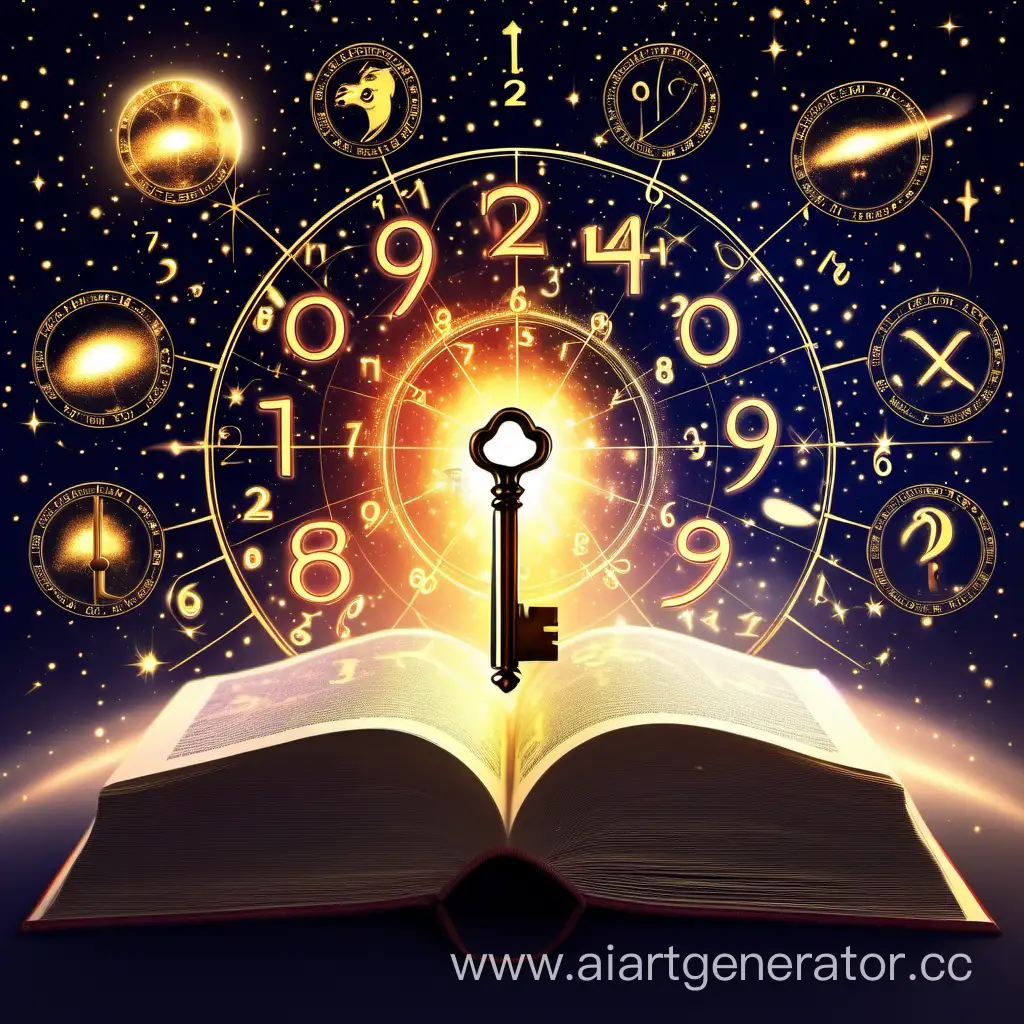 цифры, книга, свет, ключ, знаки зодиаки, вселенная. изображение которое будет привлекать внимание людей.