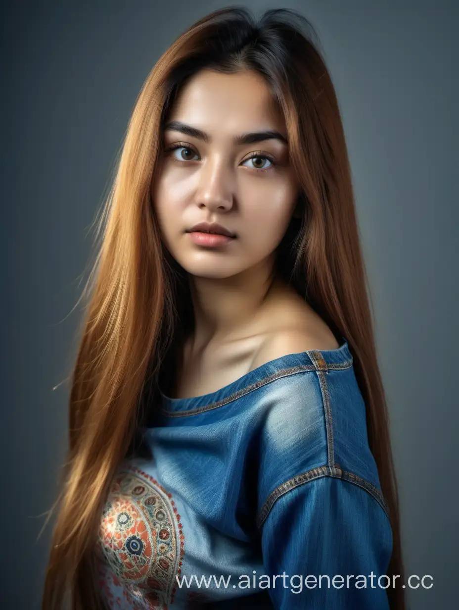 взрослая девушка узбекской внешности с выразительными глазами и с золотистой кожей с длинными волосами без платка, современная девушка, в джинсах синих брюках, без мешков под глазами

