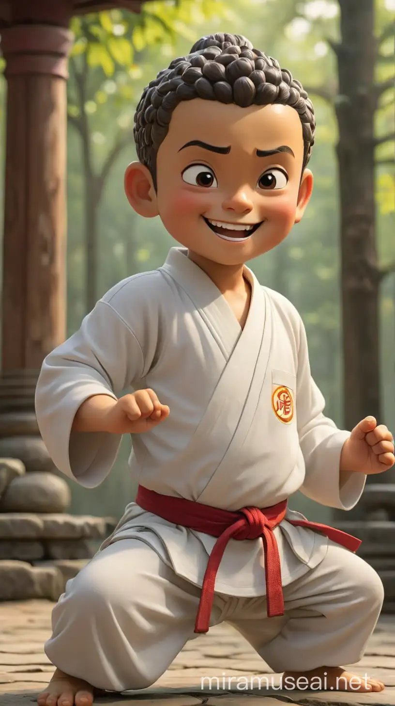 boy buddha showing karate skills smiling