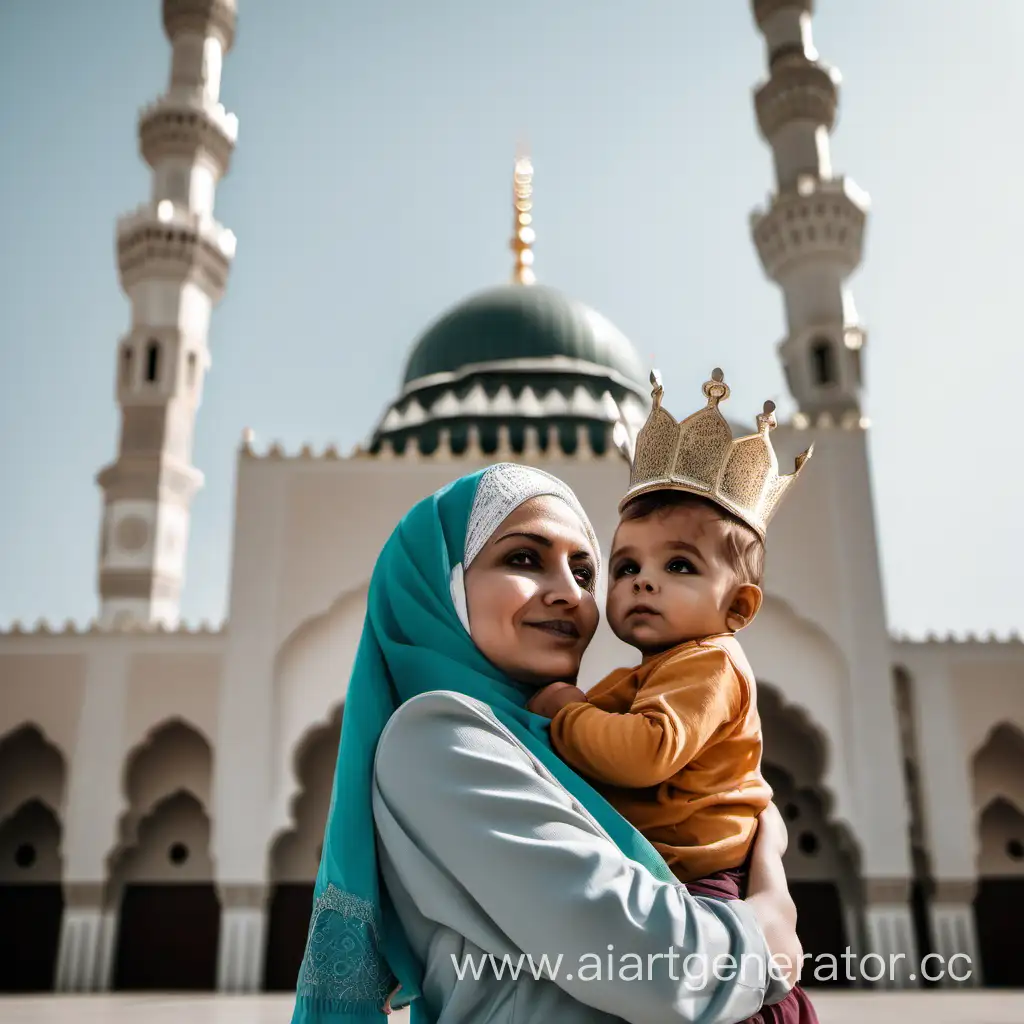 Женщина в хиджабе с закрытым лицом держит ребёнка с короной на голове на руках на фоне мечети с 1 башней