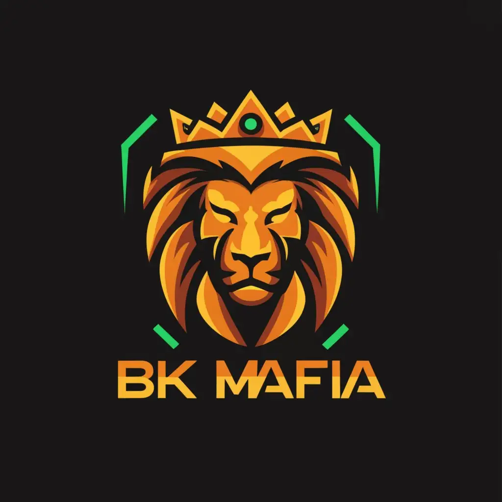 a logo design,with the text "BK MAFIA", main symbol:Lion King and crown with background black,Minimalistic,clear background