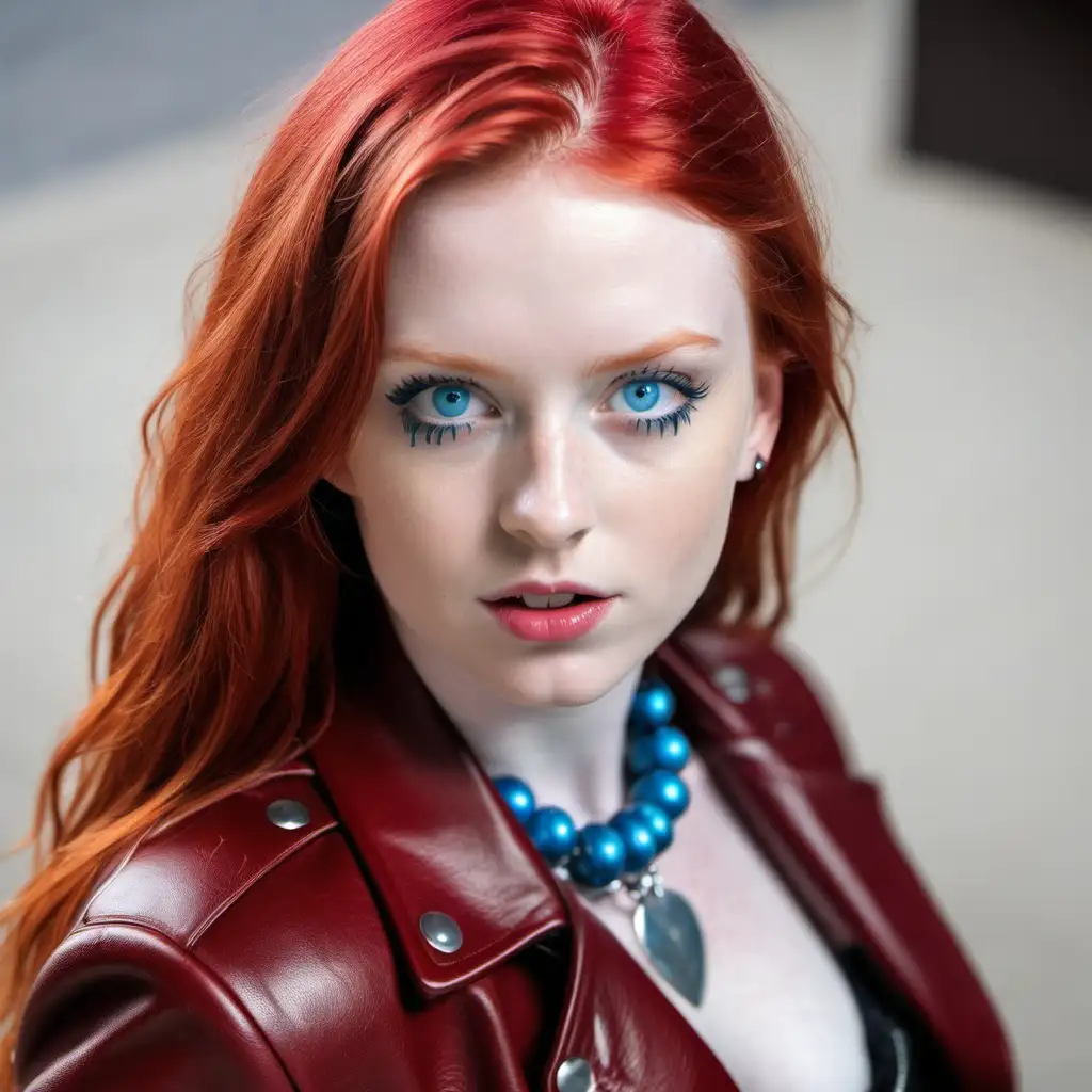 Young redhead with piercing blue eyes wearing red leather