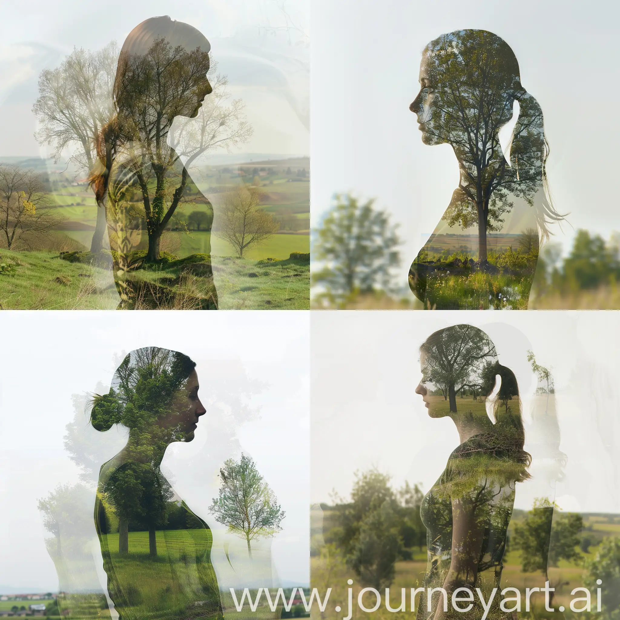 The transparent woman's body shows a natural atmosphere, with trees and green fields.