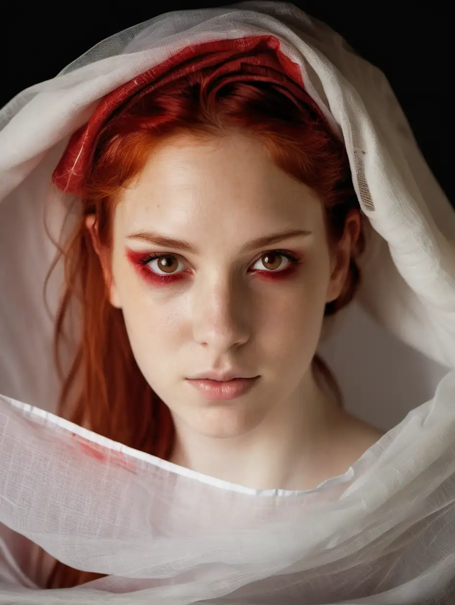 Mujer joven, ojos marrones claros bonitos, con el pelo rojo y gasa rodeando su cabeza 