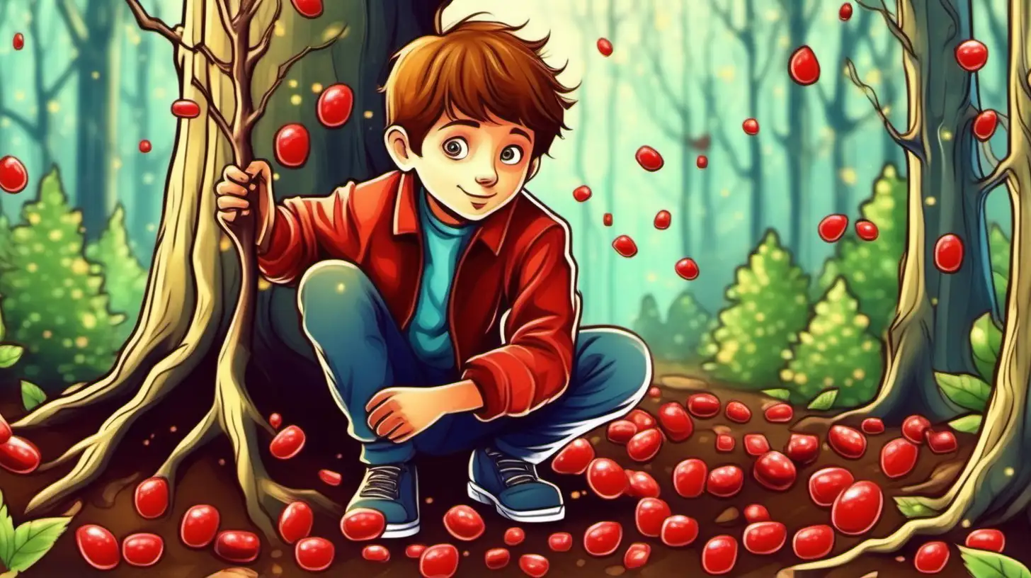 illustrate a tree, whose fruits are little red candys, A ten years old brown hair boy plants tree branches in the ground, closeup, in the magical forest