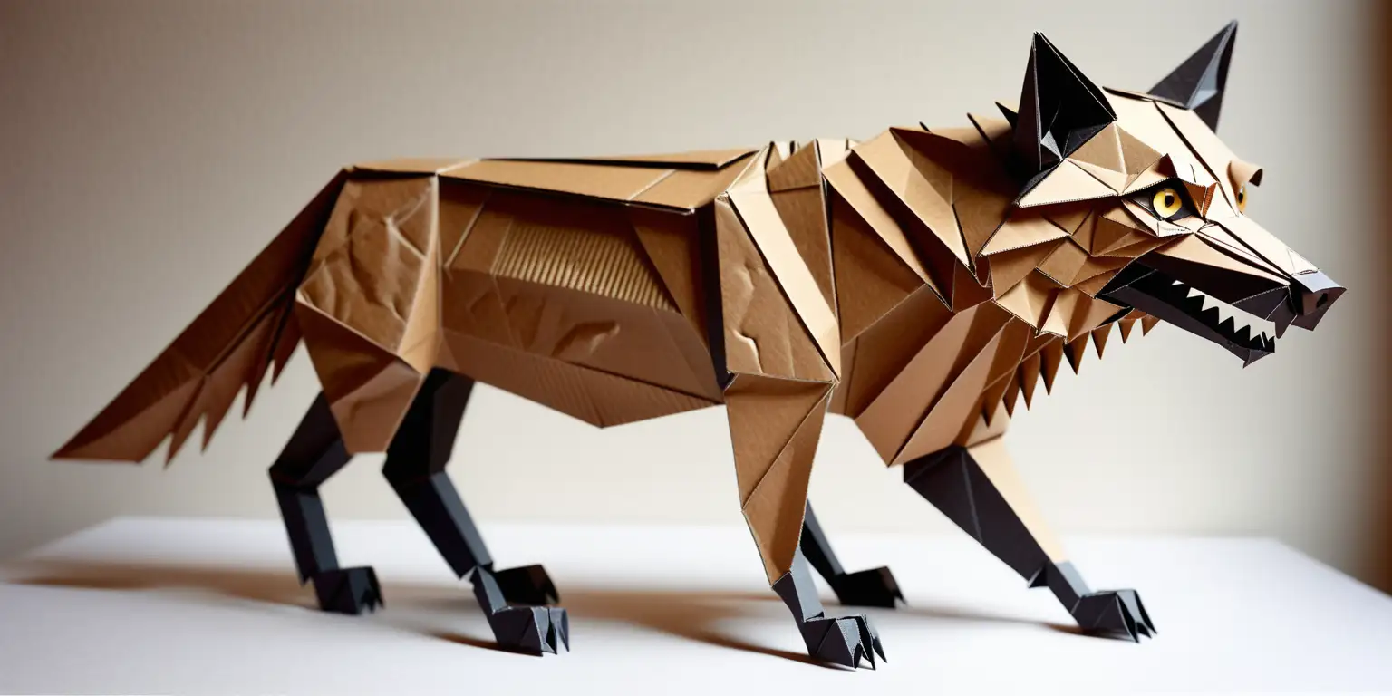 Brown Black and White Origami Wolf Made of Corrugated Cardboard