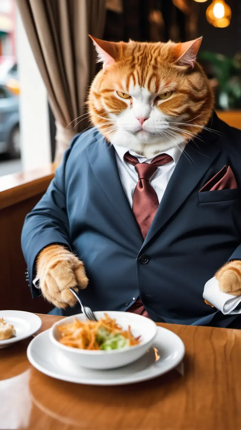 Толстый рыжий кот в мужском костюме сидит в кафе и кушает 