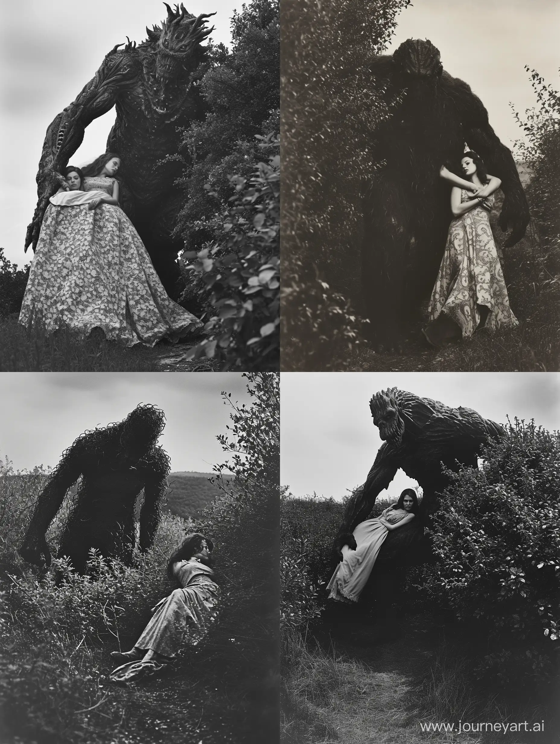 Enigmatic-Demon-Deity-Carrying-Sleeping-Woman-in-Vintage-Dress