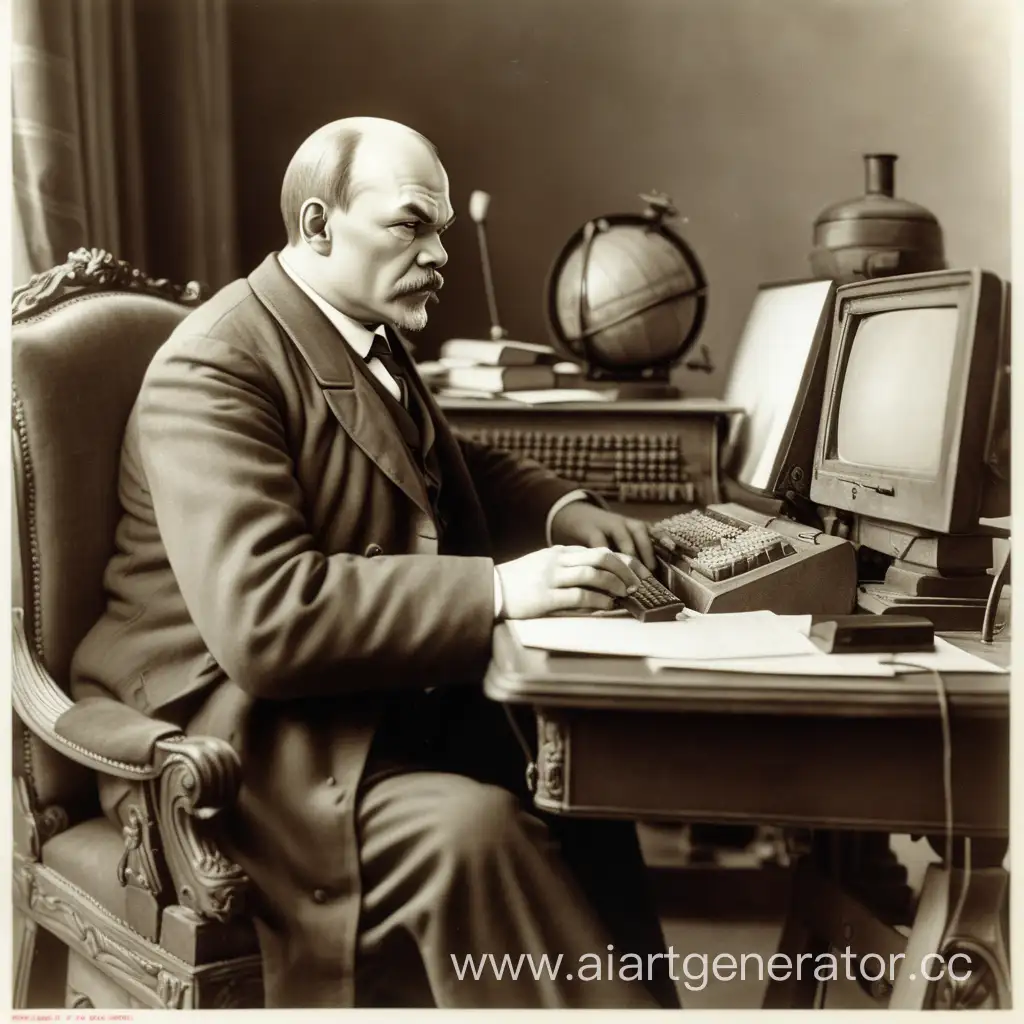 Lenin is sitting at the computer, playing tanks