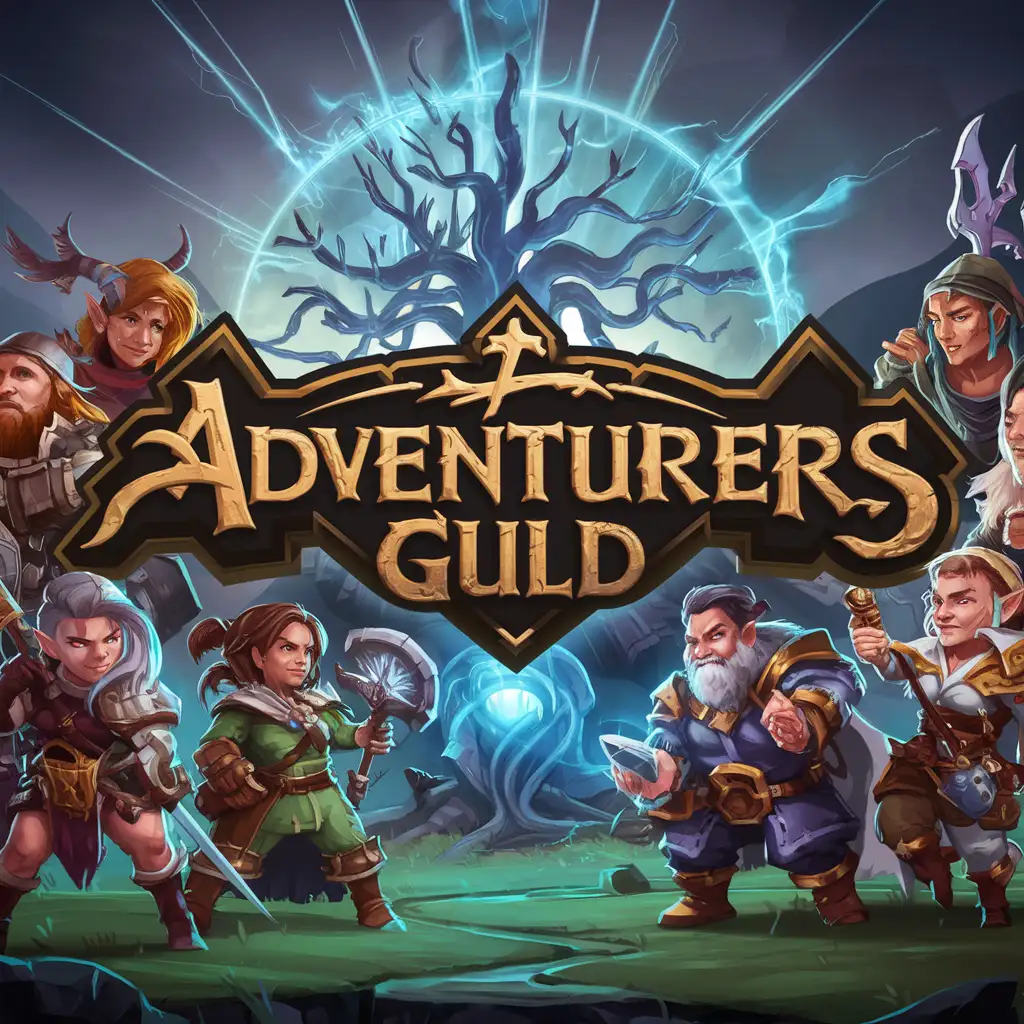 STYLIZED FANTASY WORLD VIDEO GAME LOGO COVER ART WITH THE LETTERS "ADVENTURERS GUILD" ACROSS GAME COVER ART, A RANK ADVENTURERS HERO PARTY WARRIOR MAGE ROGUE DRUID PALADIN BARD ALCHEMIST, gnome human dwarf elf