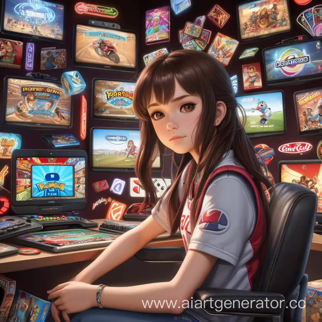 Девушка светлой кожи с тёмно-коричневыми волосами, с красным скрытым окрашиванием сидит, на фоне логотипы различных игр